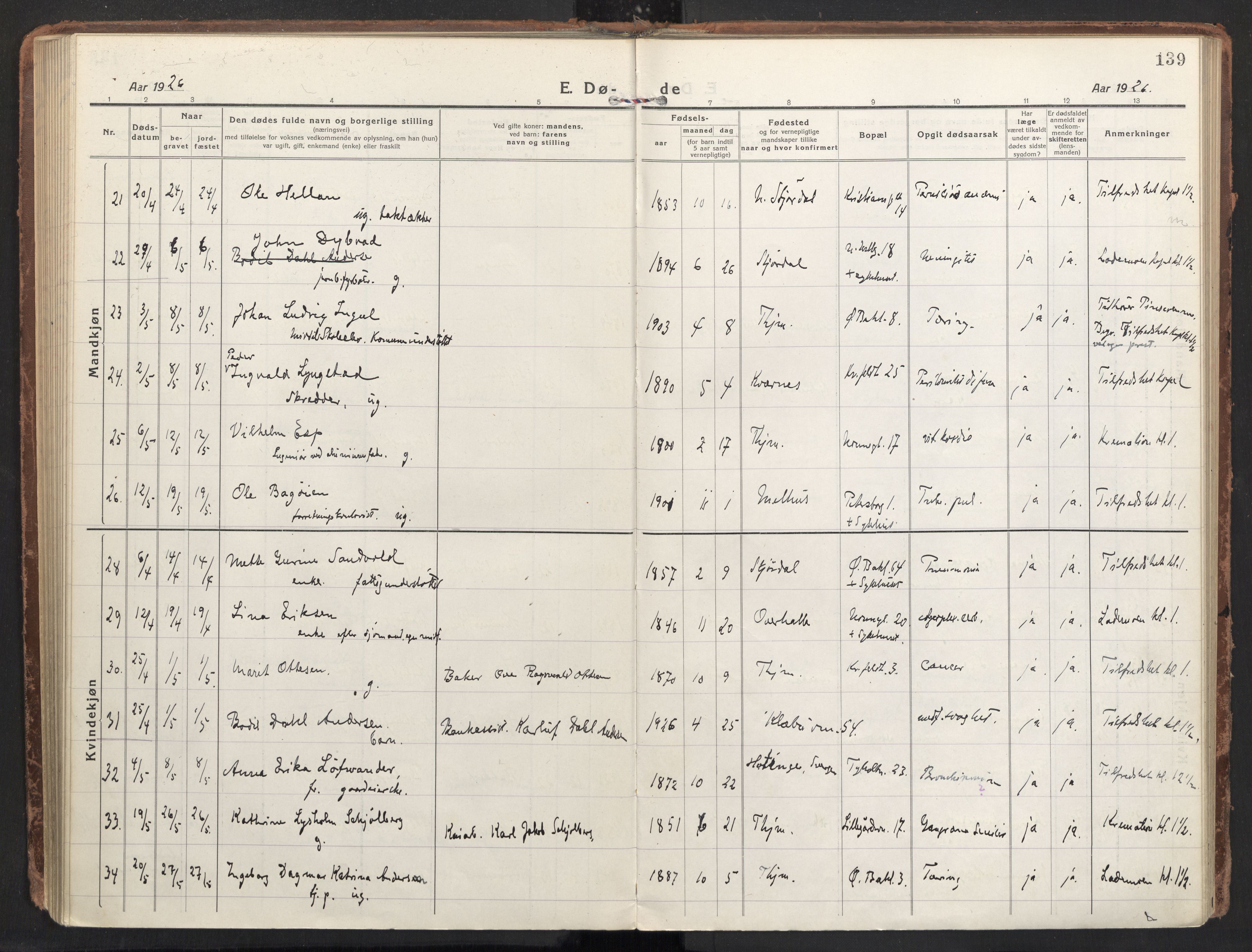 Ministerialprotokoller, klokkerbøker og fødselsregistre - Sør-Trøndelag, AV/SAT-A-1456/604/L0207: Parish register (official) no. 604A27, 1917-1933, p. 139