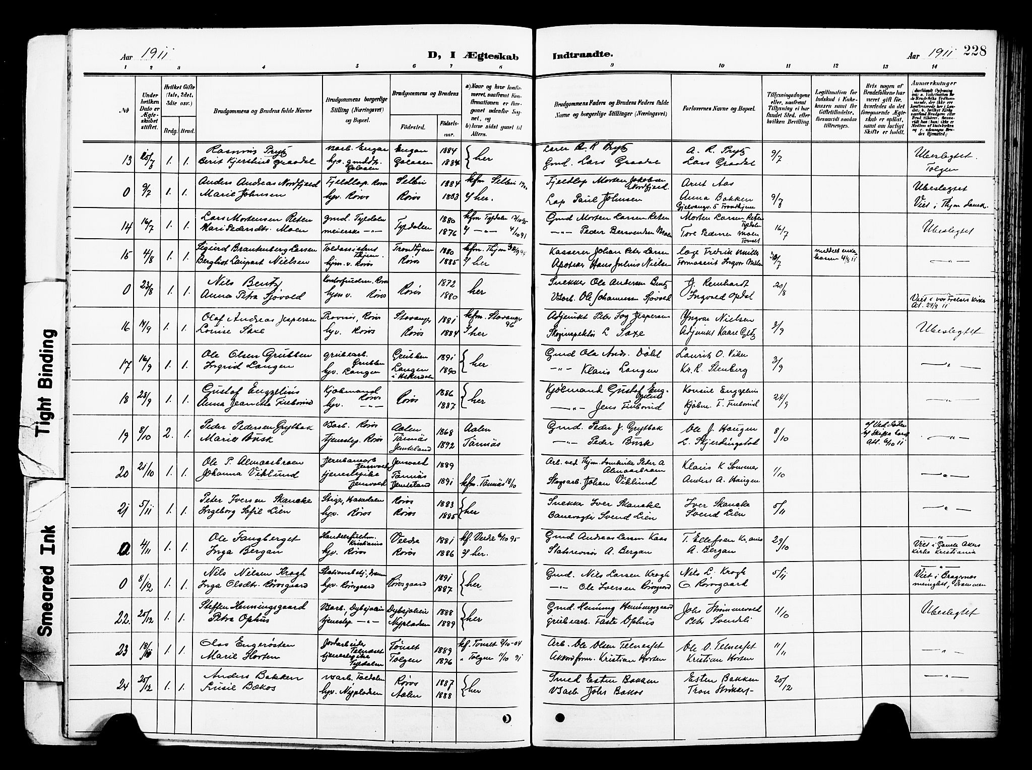 Ministerialprotokoller, klokkerbøker og fødselsregistre - Sør-Trøndelag, SAT/A-1456/681/L0942: Parish register (copy) no. 681C06, 1906-1925, p. 228