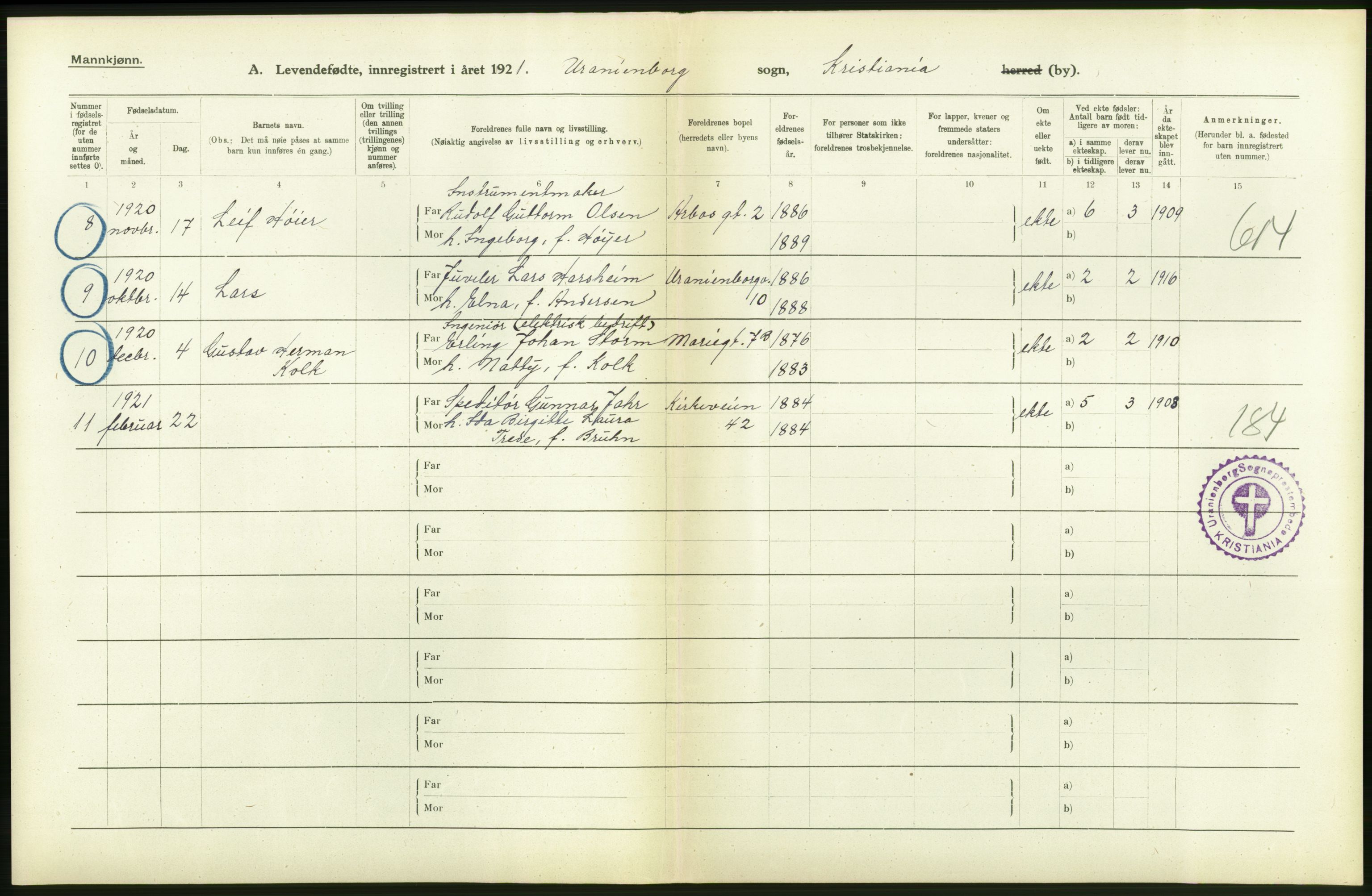 Statistisk sentralbyrå, Sosiodemografiske emner, Befolkning, RA/S-2228/D/Df/Dfc/Dfca/L0010: Kristiania: Levendefødte menn og kvinner., 1921, p. 104