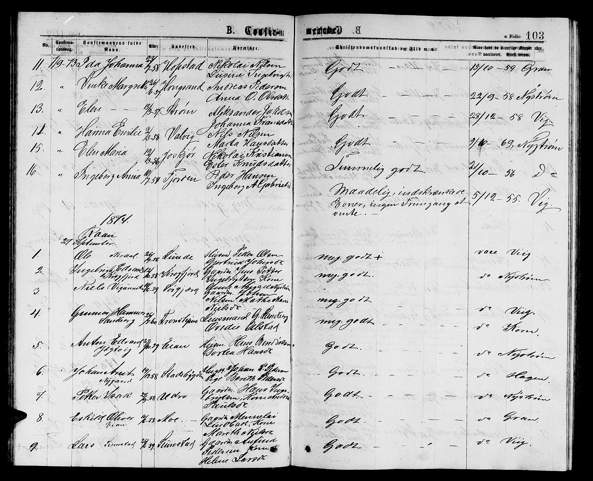 Ministerialprotokoller, klokkerbøker og fødselsregistre - Sør-Trøndelag, AV/SAT-A-1456/657/L0715: Parish register (copy) no. 657C02, 1873-1888, p. 103
