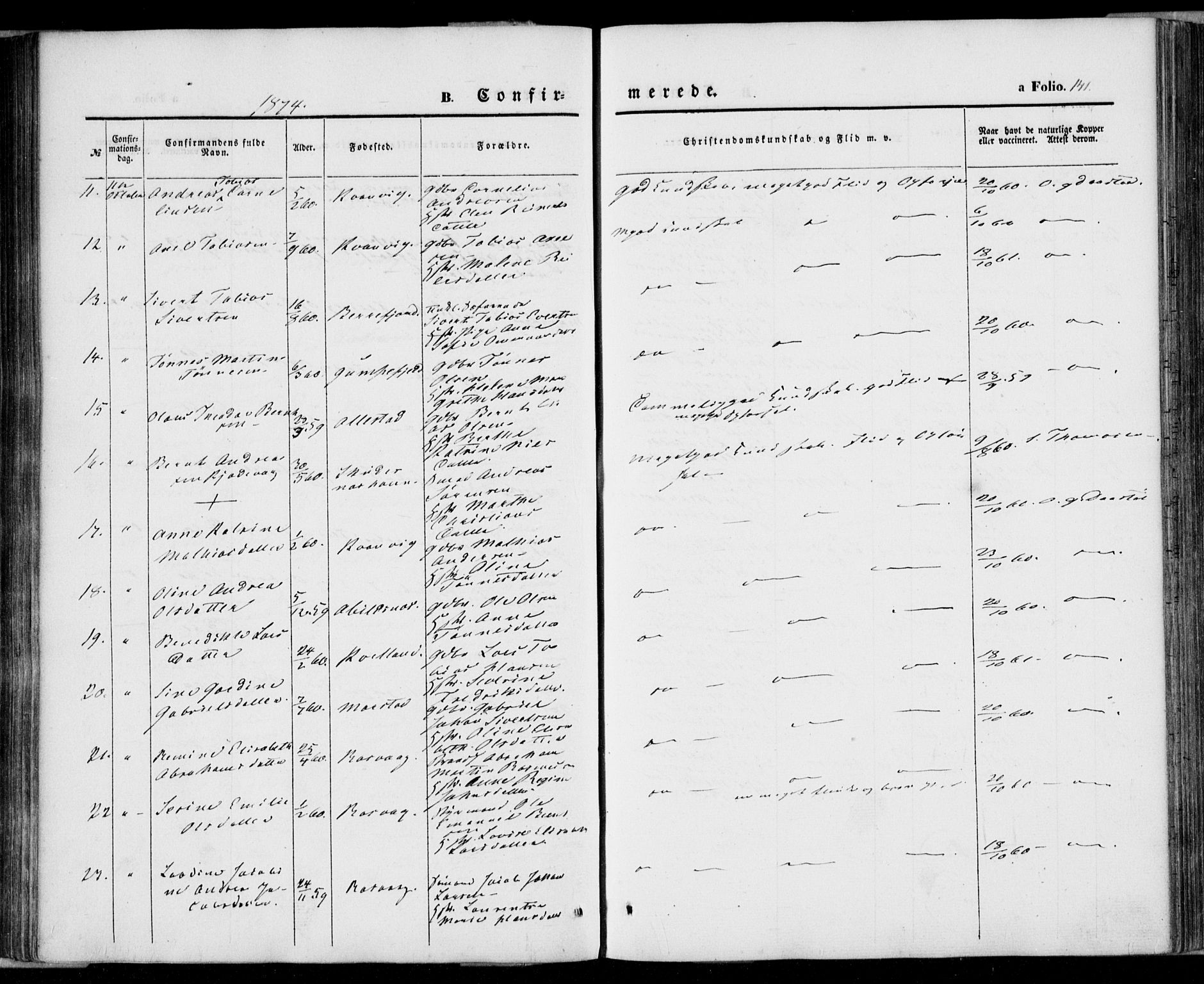 Flekkefjord sokneprestkontor, SAK/1111-0012/F/Fa/Fab/L0004: Parish register (official) no. A 4, 1850-1875, p. 141