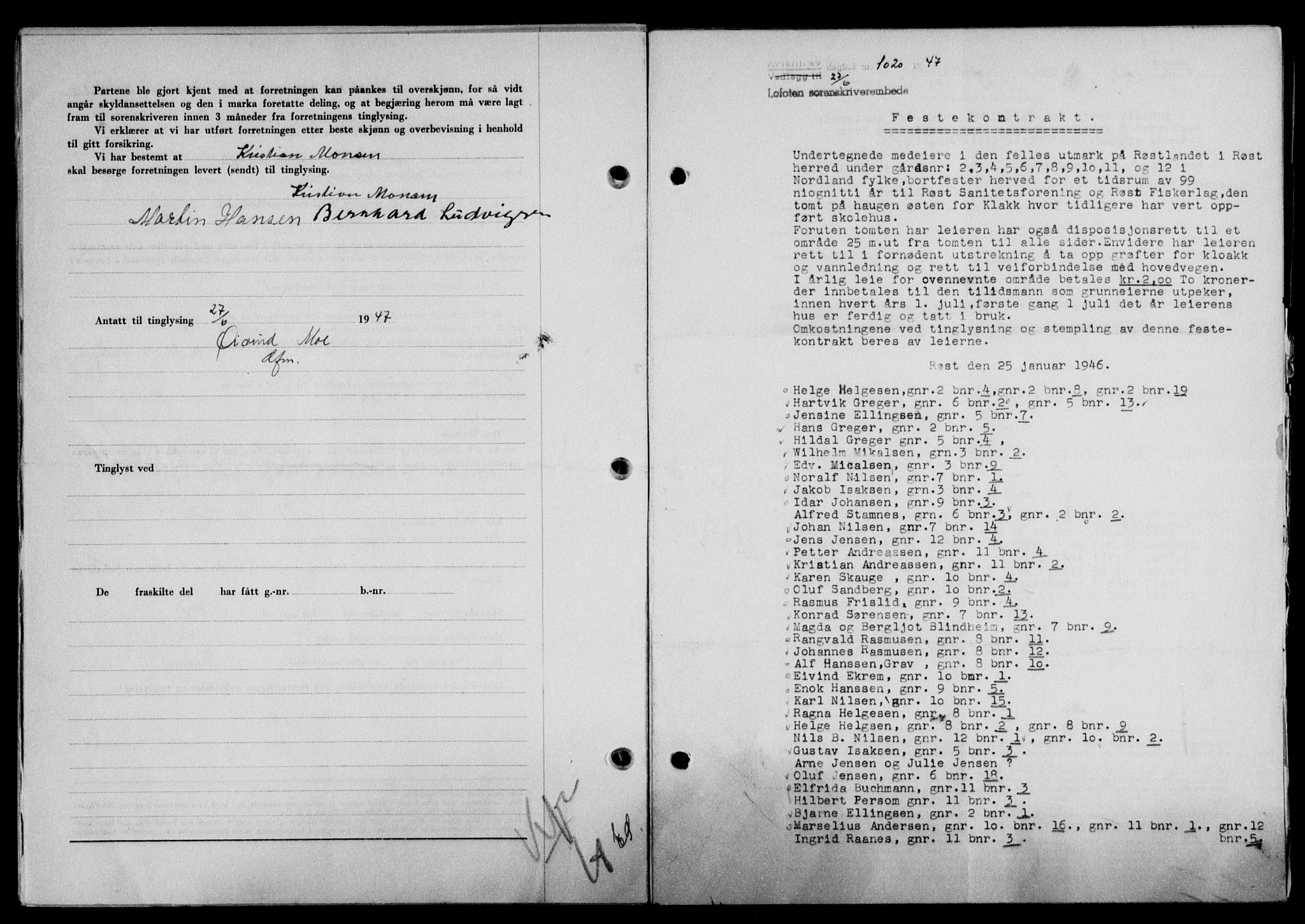 Lofoten sorenskriveri, SAT/A-0017/1/2/2C/L0016a: Mortgage book no. 16a, 1947-1947, Diary no: : 1020/1947
