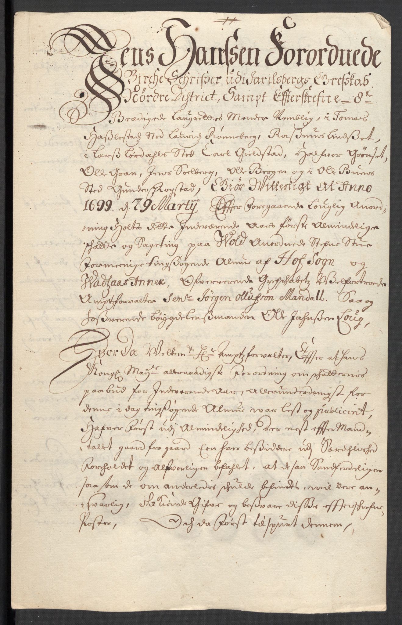 Rentekammeret inntil 1814, Reviderte regnskaper, Fogderegnskap, AV/RA-EA-4092/R32/L1868: Fogderegnskap Jarlsberg grevskap, 1697-1699, p. 275