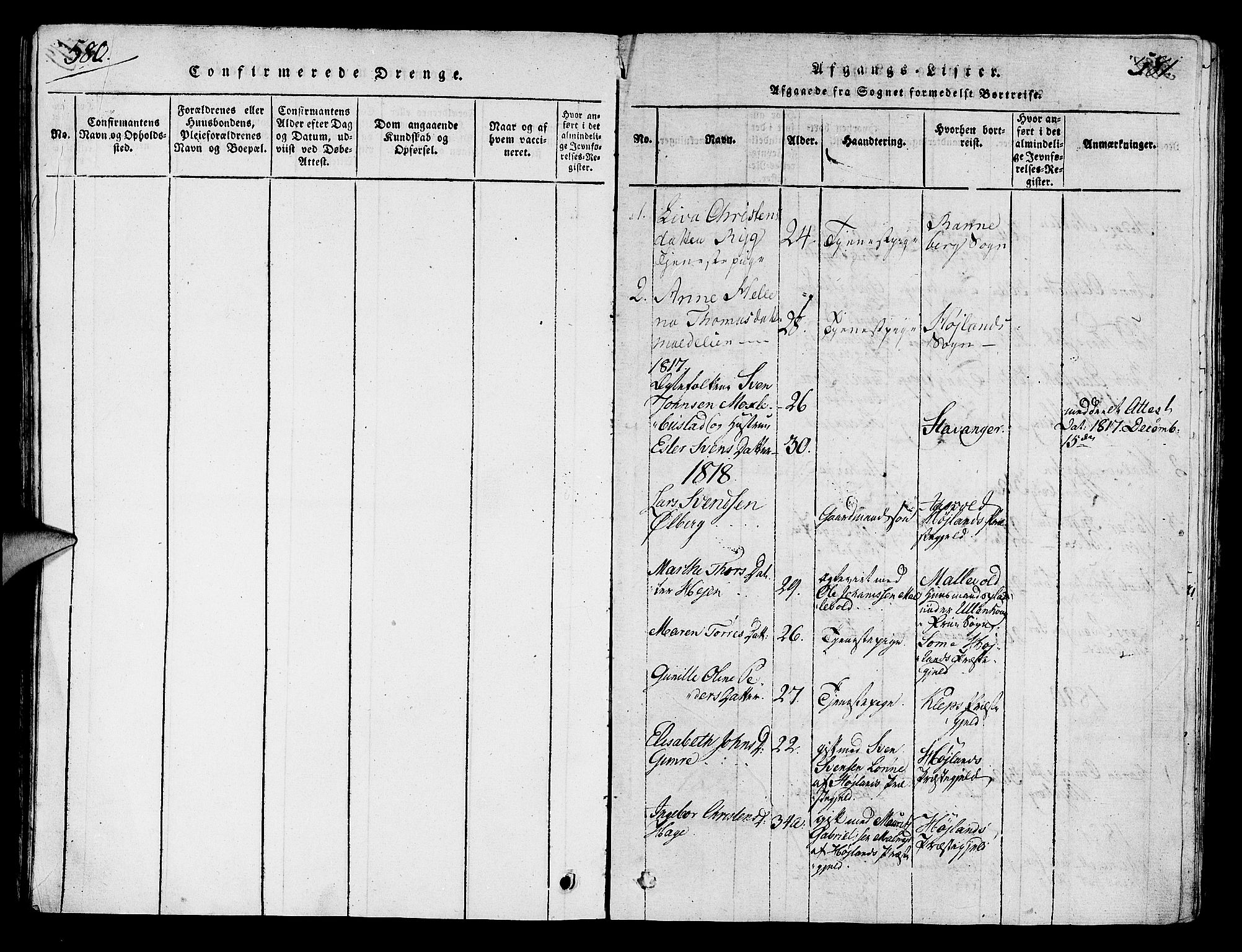 Håland sokneprestkontor, AV/SAST-A-101802/001/30BA/L0004: Parish register (official) no. A 4, 1815-1829, p. 580-581