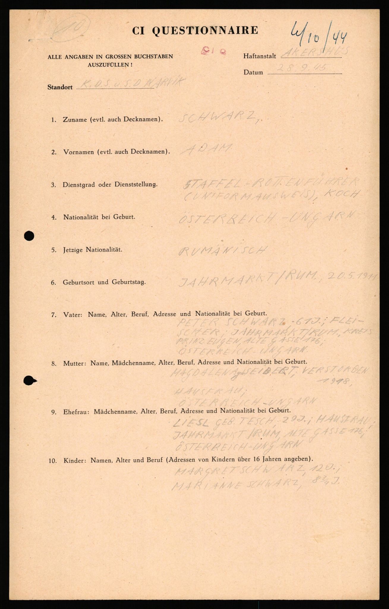 Forsvaret, Forsvarets overkommando II, AV/RA-RAFA-3915/D/Db/L0041: CI Questionaires.  Diverse nasjonaliteter., 1945-1946, p. 187