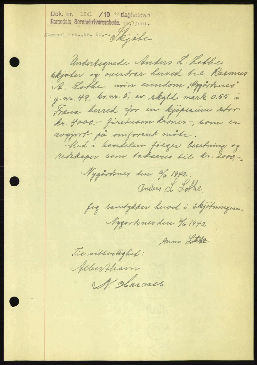 Romsdal sorenskriveri, AV/SAT-A-4149/1/2/2C: Mortgage book no. A12, 1942-1942, Diary no: : 1241/1942