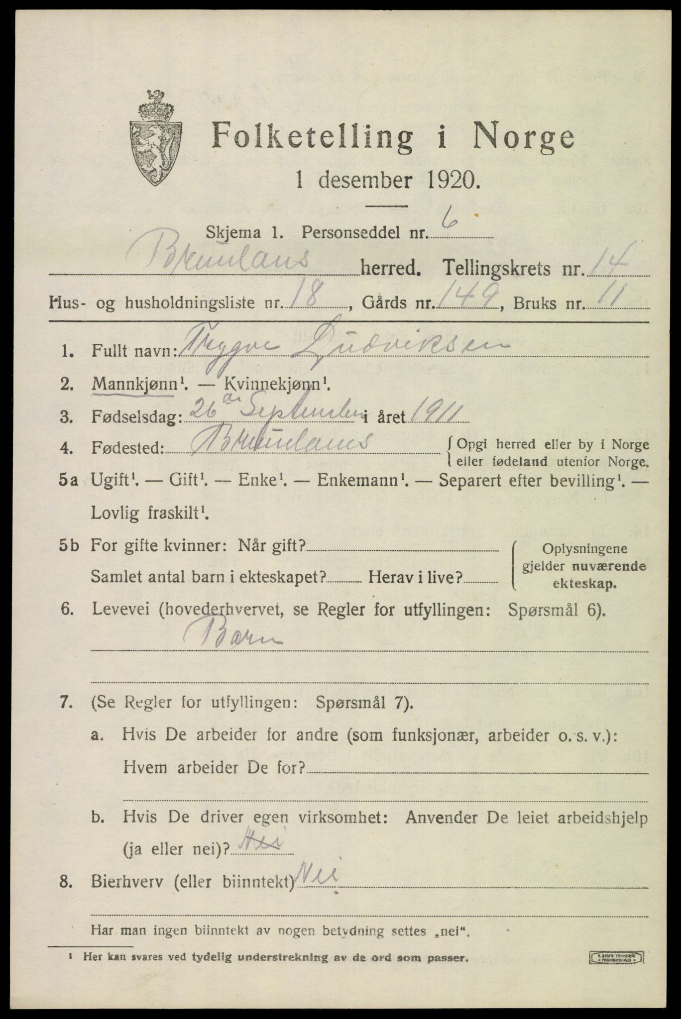 SAKO, 1920 census for Brunlanes, 1920, p. 11549