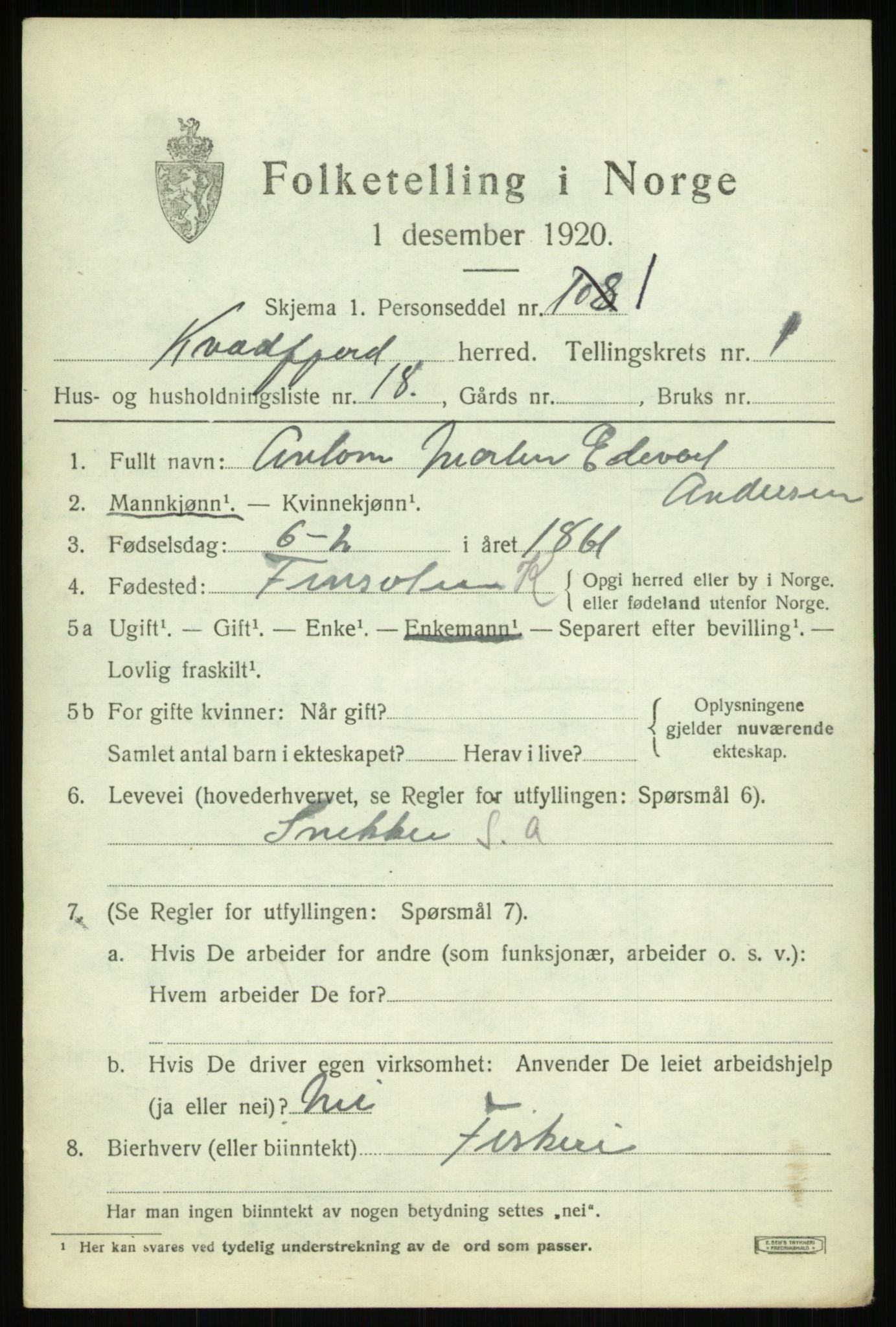 SATØ, 1920 census for Kvæfjord, 1920, p. 1389