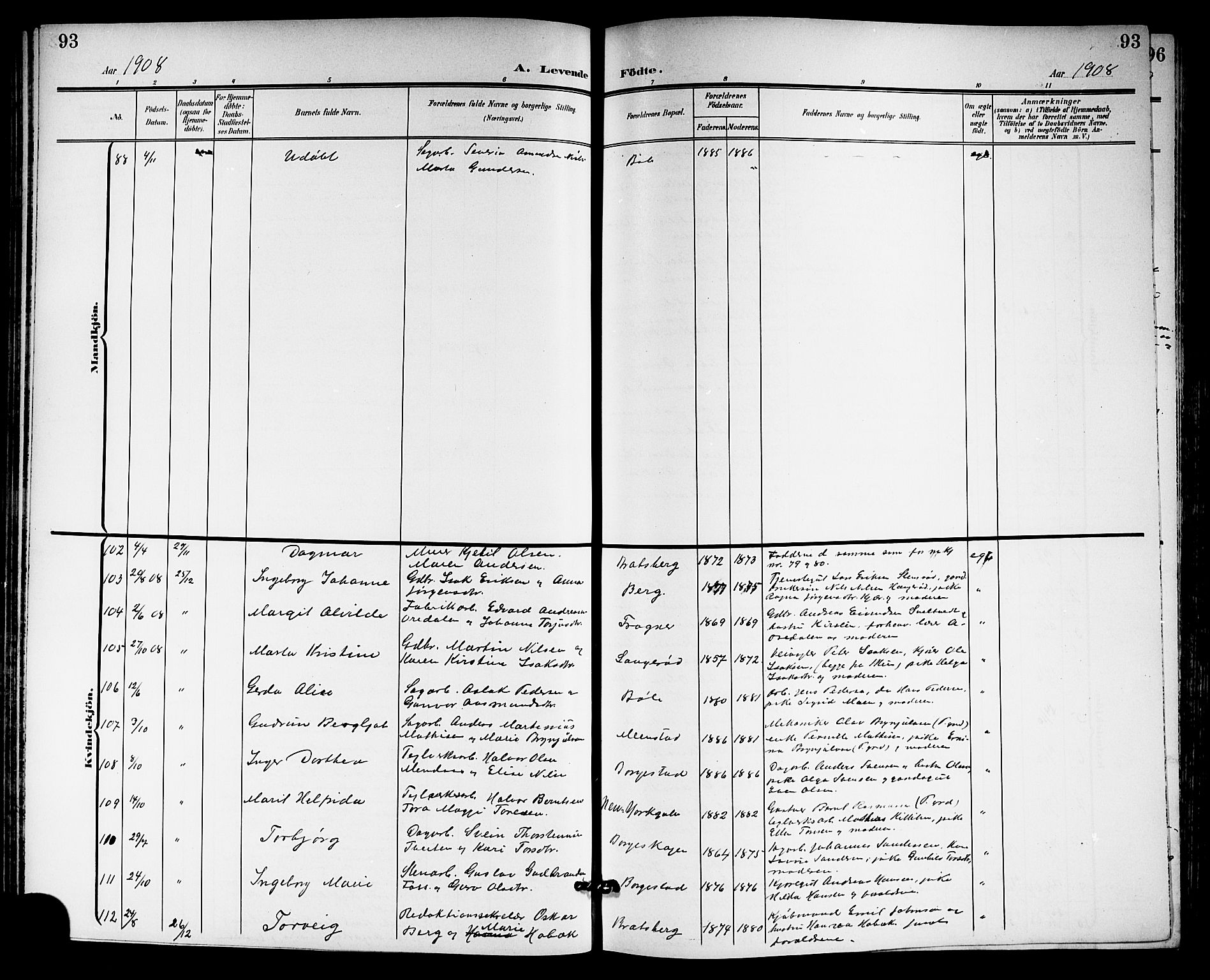 Gjerpen kirkebøker, SAKO/A-265/G/Ga/L0003: Parish register (copy) no. I 3, 1901-1919, p. 93