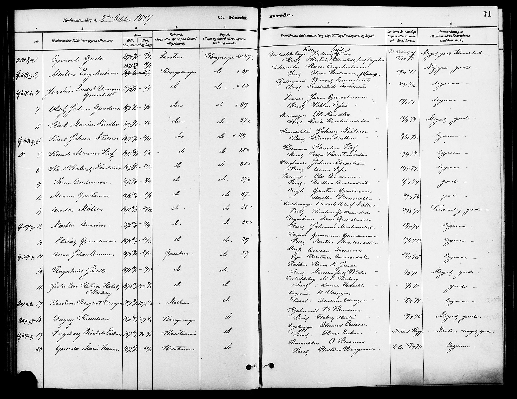 Vinger prestekontor, SAH/PREST-024/H/Ha/Haa/L0013: Parish register (official) no. 13, 1881-1897, p. 71