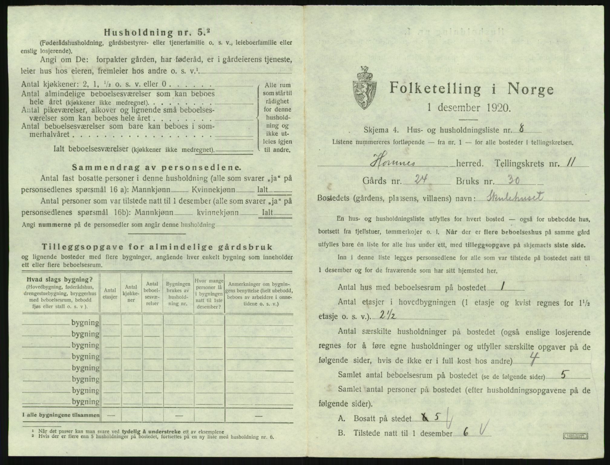 SAK, 1920 census for Hornnes, 1920, p. 445