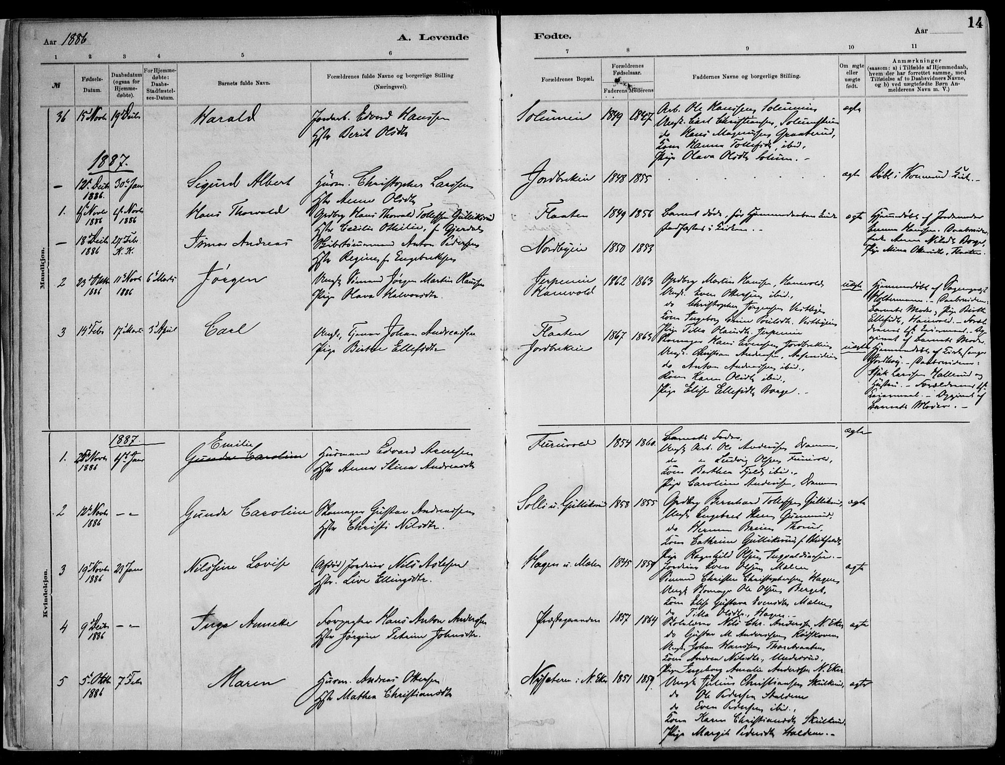 Skoger kirkebøker, AV/SAKO-A-59/F/Fa/L0006: Parish register (official) no. I 6, 1885-1910, p. 14