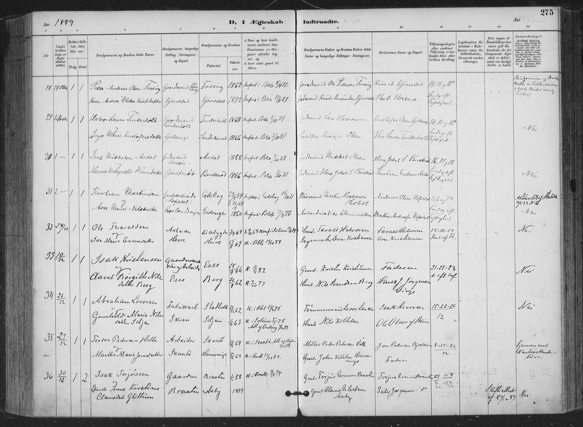 Bamble kirkebøker, SAKO/A-253/F/Fa/L0008: Parish register (official) no. I 8, 1888-1900, p. 275