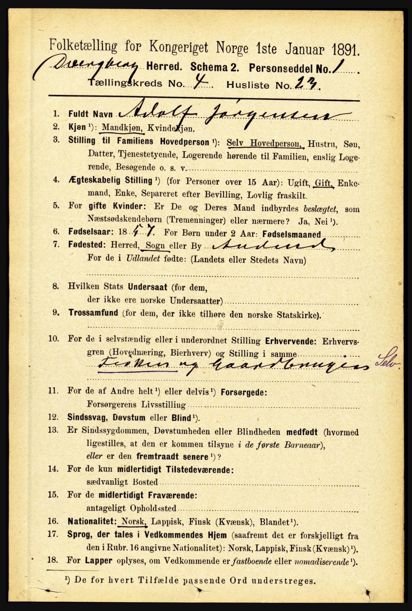 RA, 1891 census for 1872 Dverberg, 1891, p. 1429