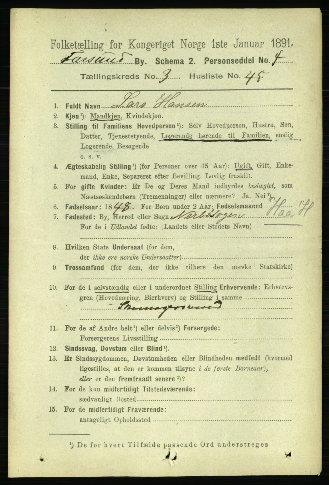 RA, 1891 census for 1003 Farsund, 1891, p. 1644