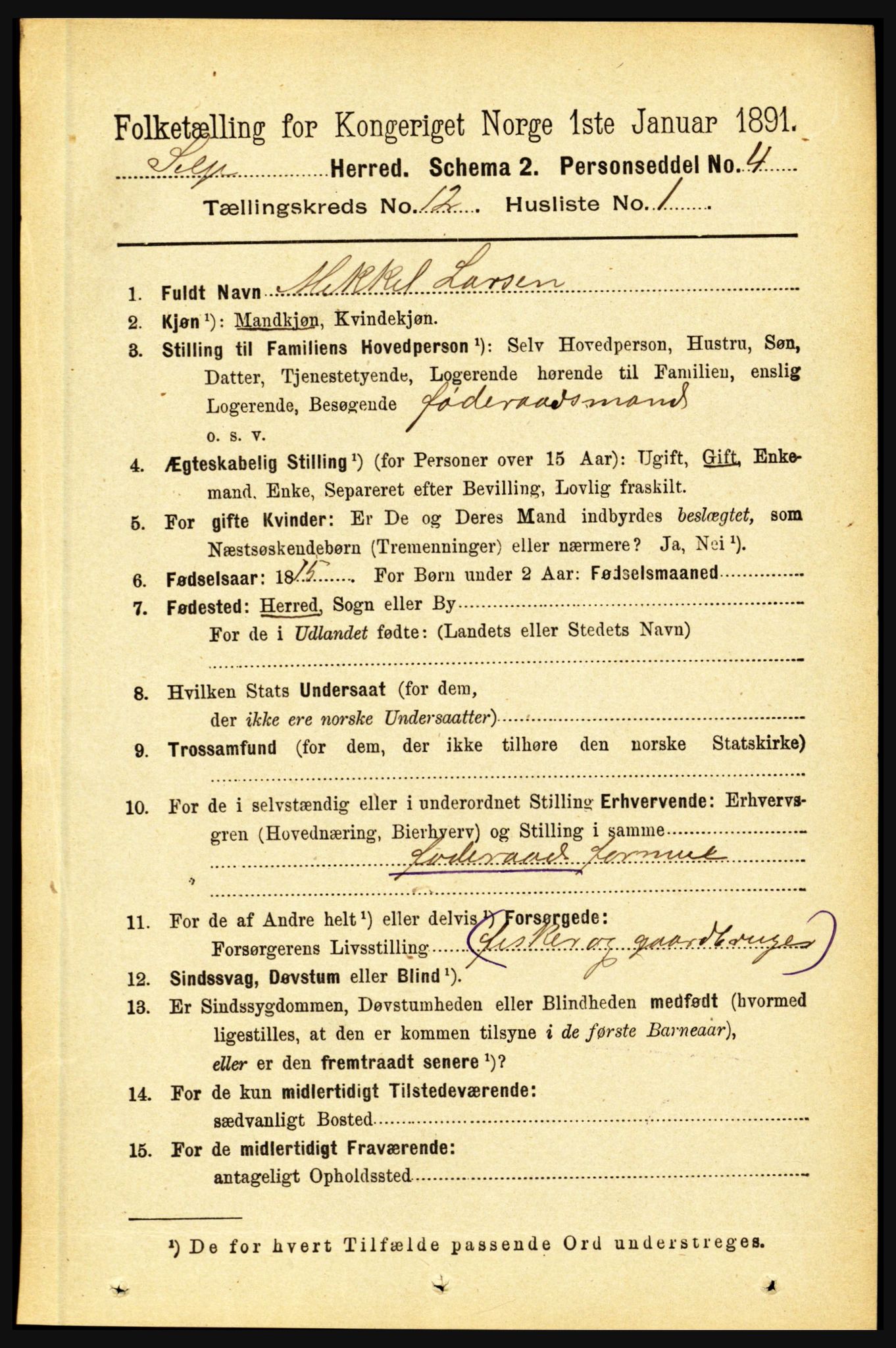 RA, 1891 census for 1441 Selje, 1891, p. 3694