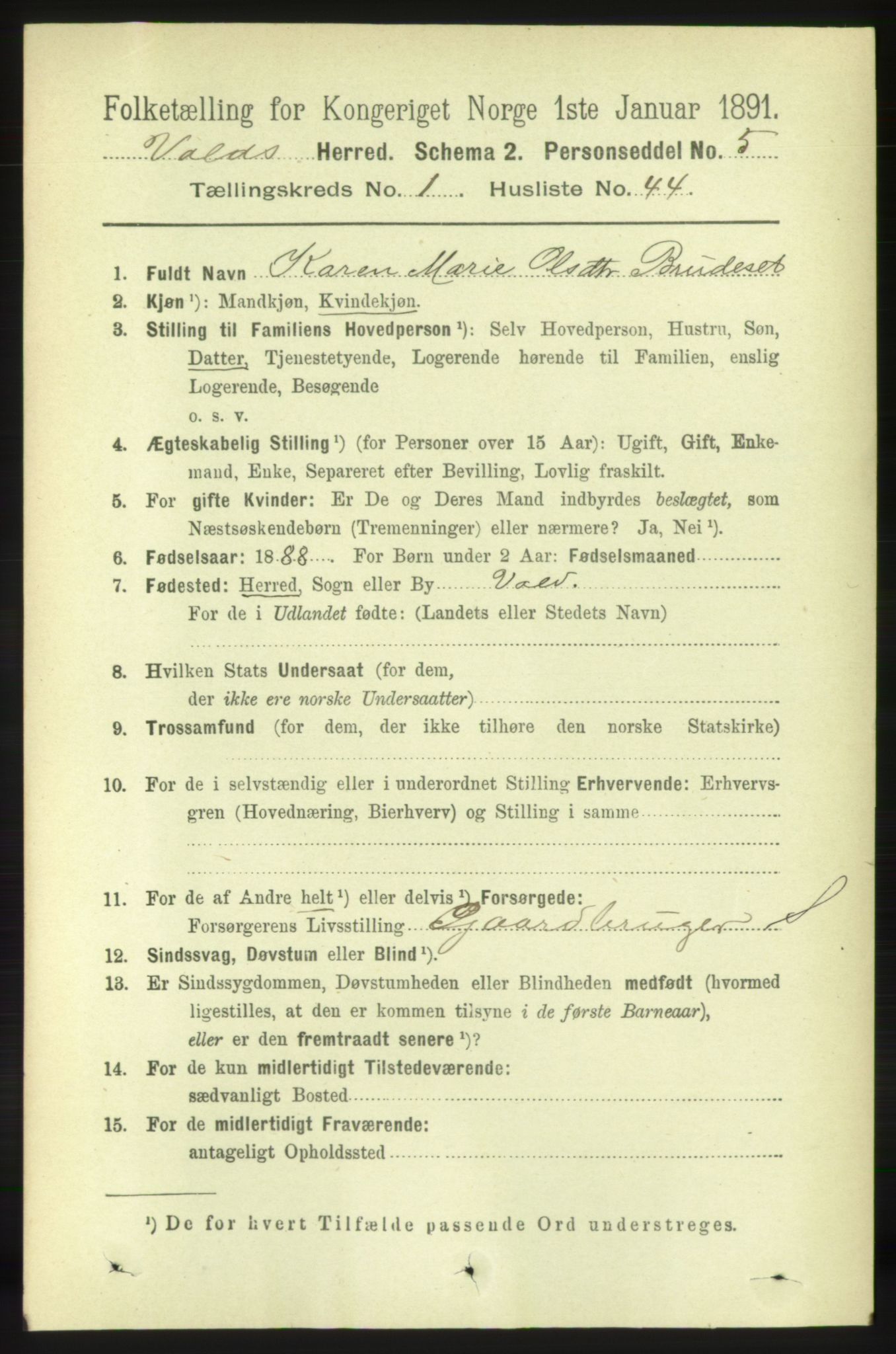 RA, 1891 census for 1537 Voll, 1891, p. 367