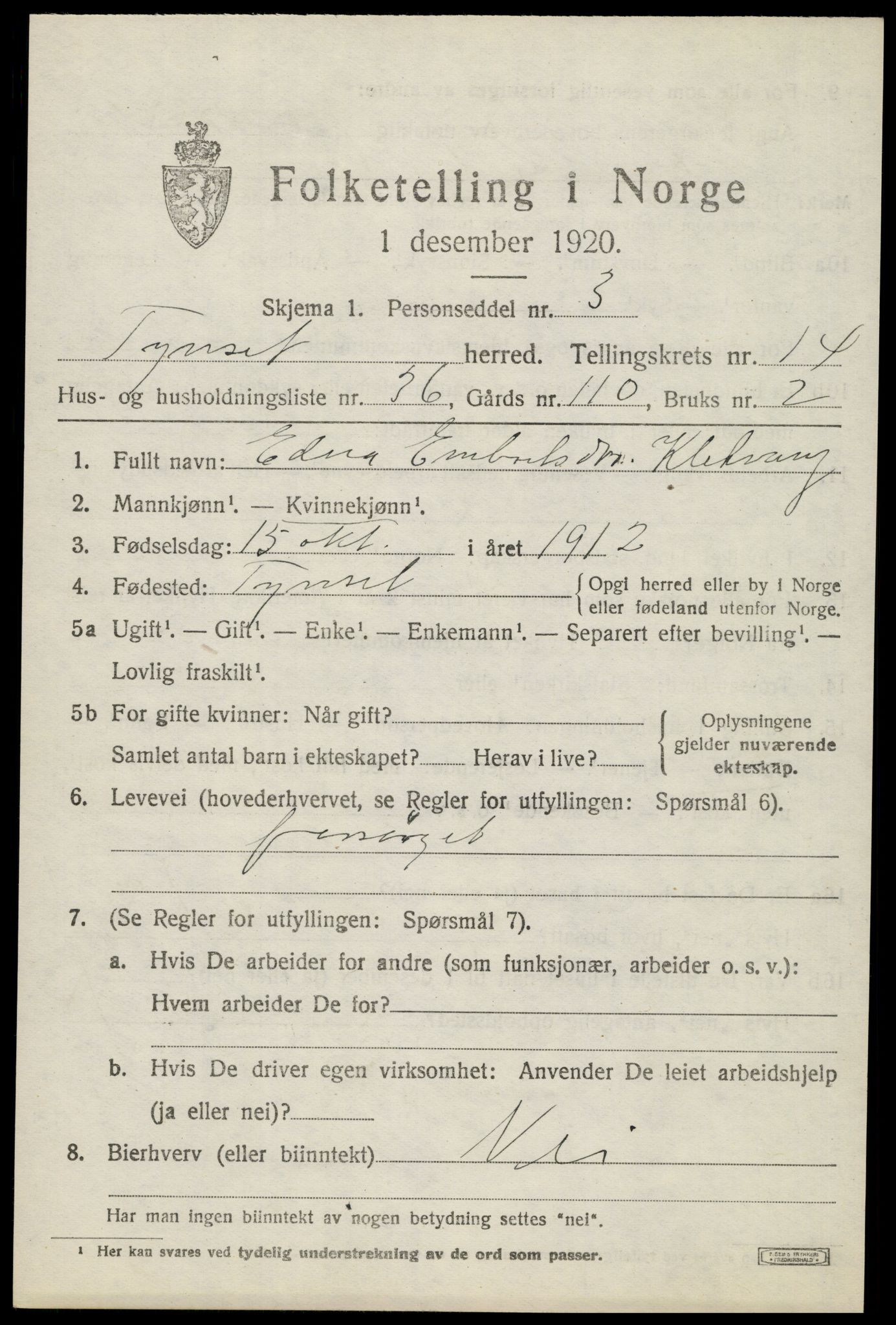 SAH, 1920 census for Tynset, 1920, p. 9210