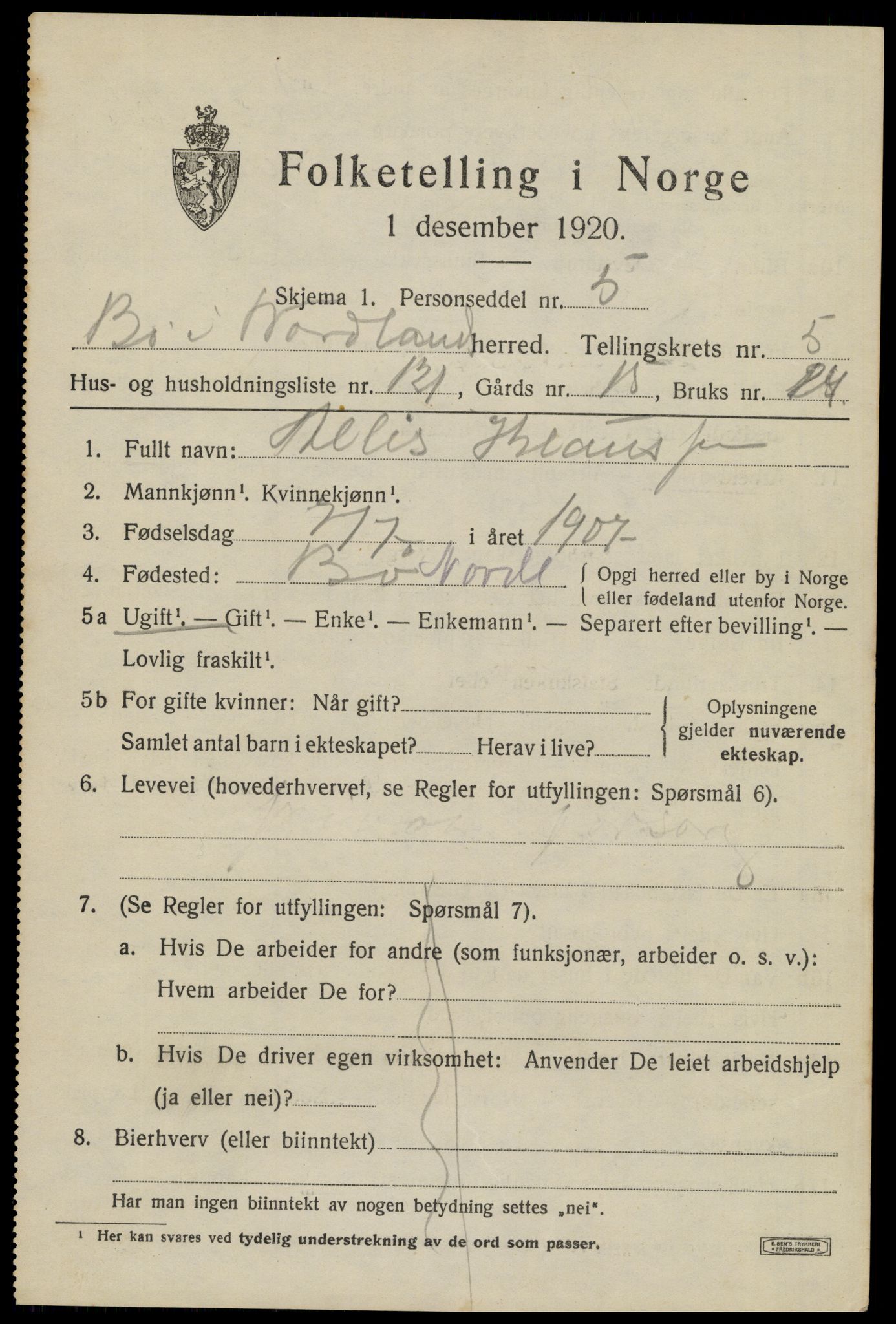 SAT, 1920 census for Bø, 1920, p. 5712