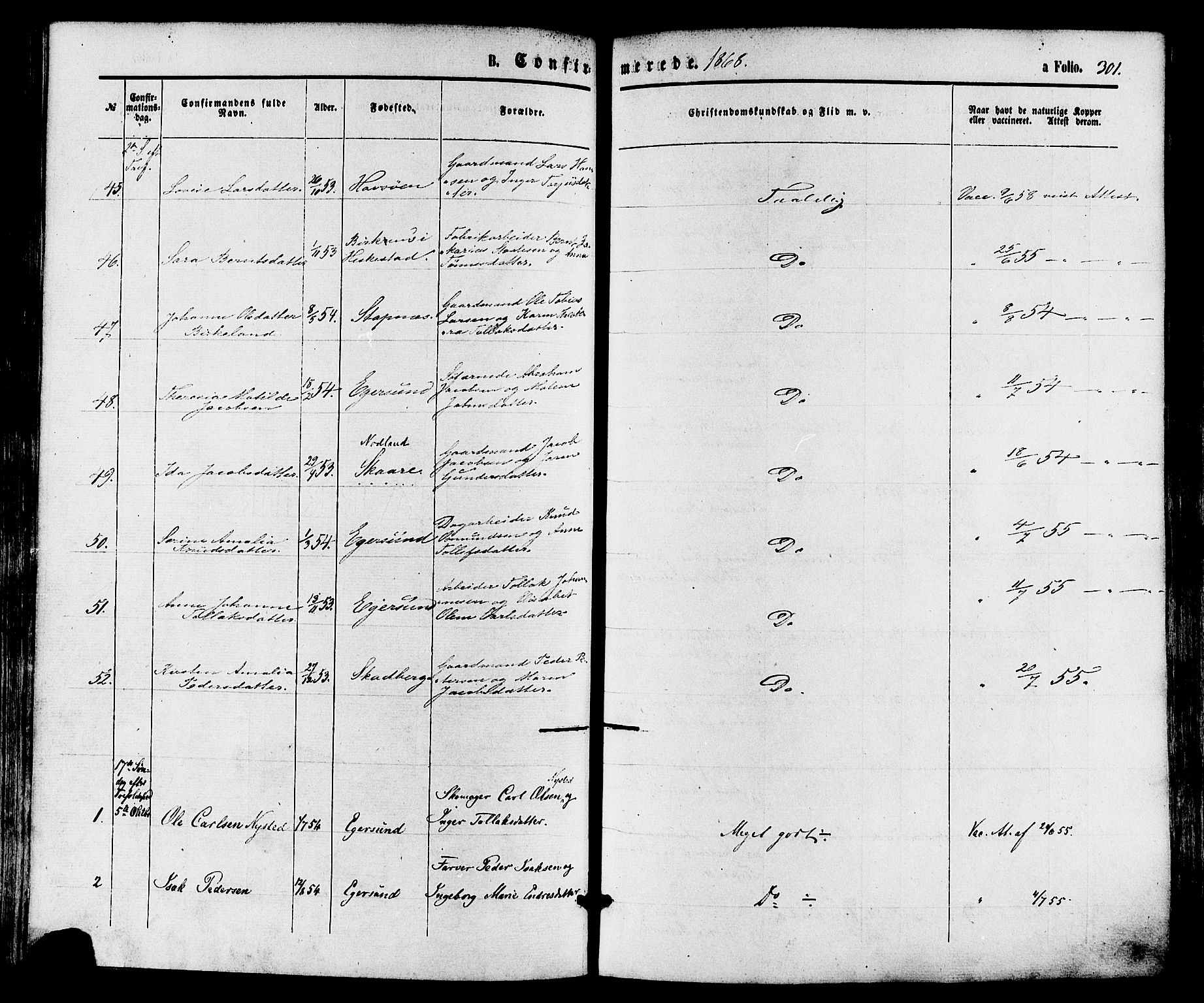 Eigersund sokneprestkontor, AV/SAST-A-101807/S08/L0014: Parish register (official) no. A 13, 1866-1878, p. 301