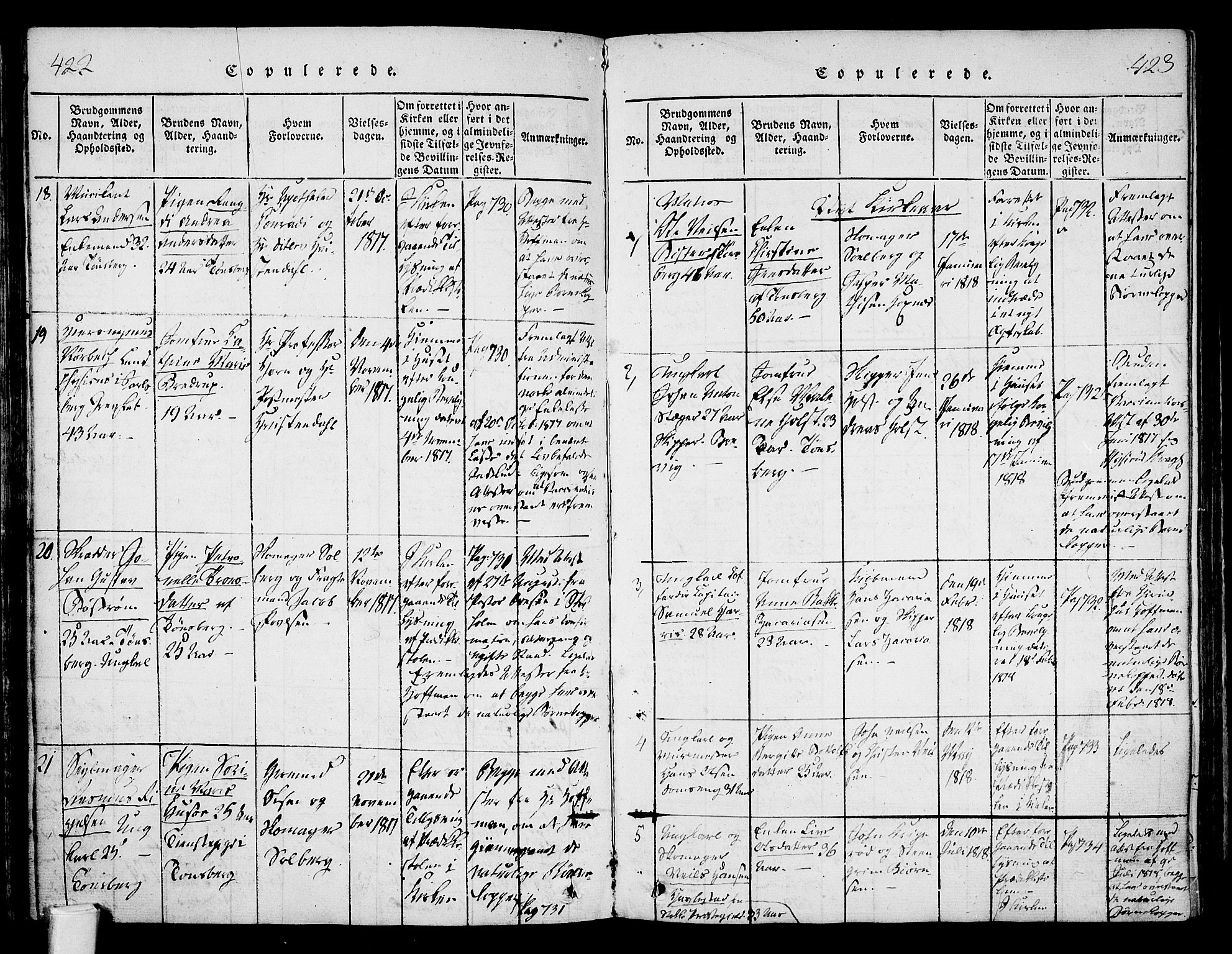 Tønsberg kirkebøker, SAKO/A-330/F/Fa/L0004: Parish register (official) no. I 4, 1813-1826, p. 422-423