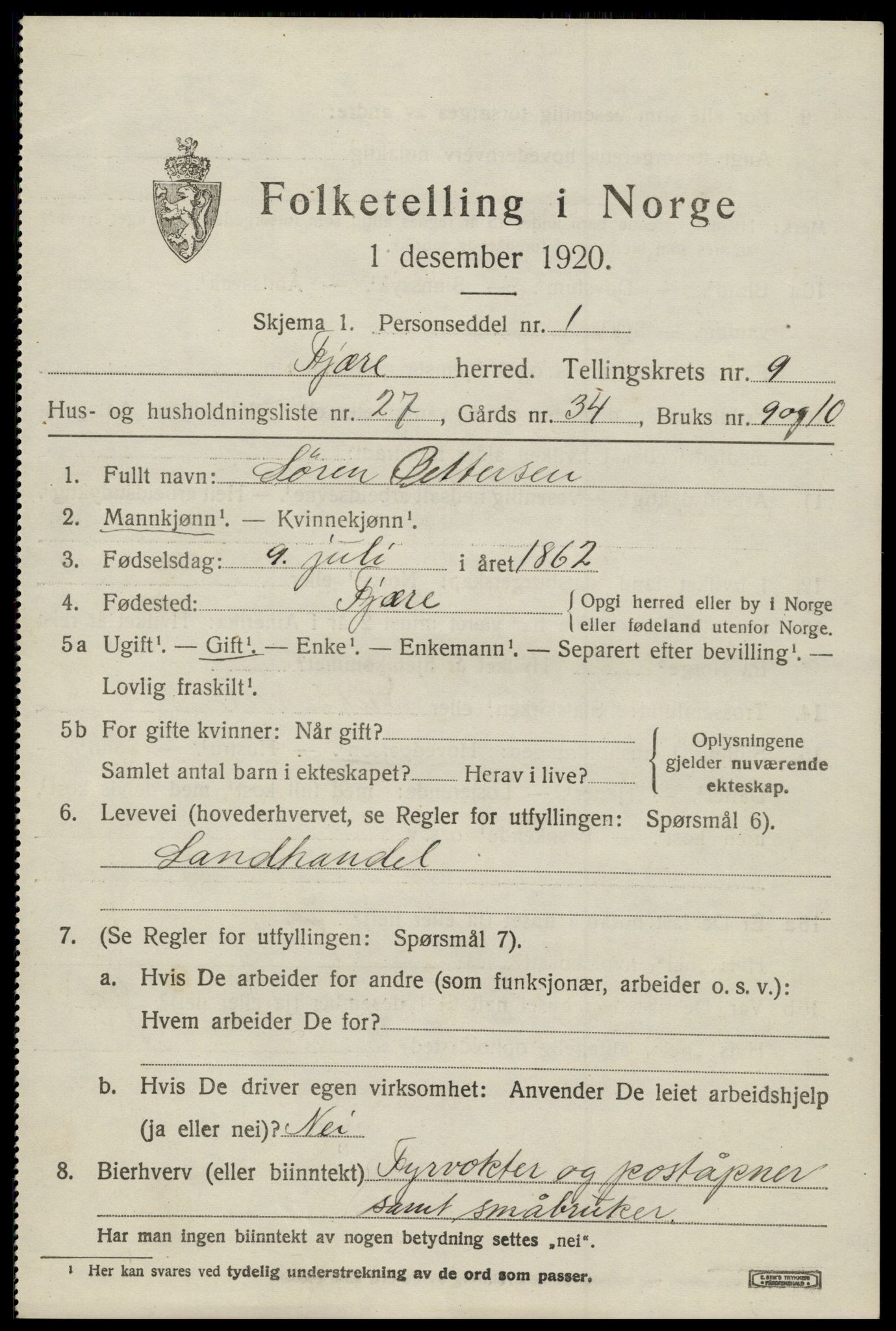 SAK, 1920 census for Fjære, 1920, p. 11377