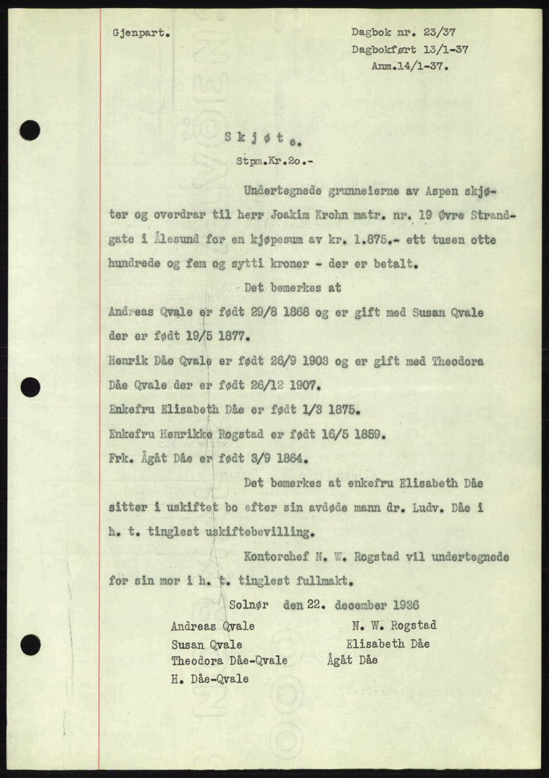 Ålesund byfogd, AV/SAT-A-4384: Mortgage book no. 34 I, 1936-1938, Diary no: : 23/1937