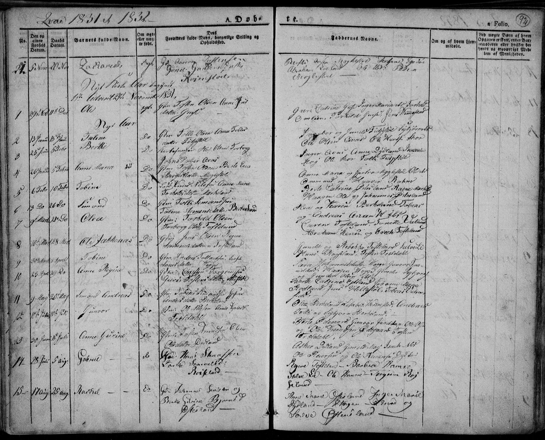 Lyngdal sokneprestkontor, SAK/1111-0029/F/Fa/Fac/L0007: Parish register (official) no. A 7, 1825-1838, p. 92