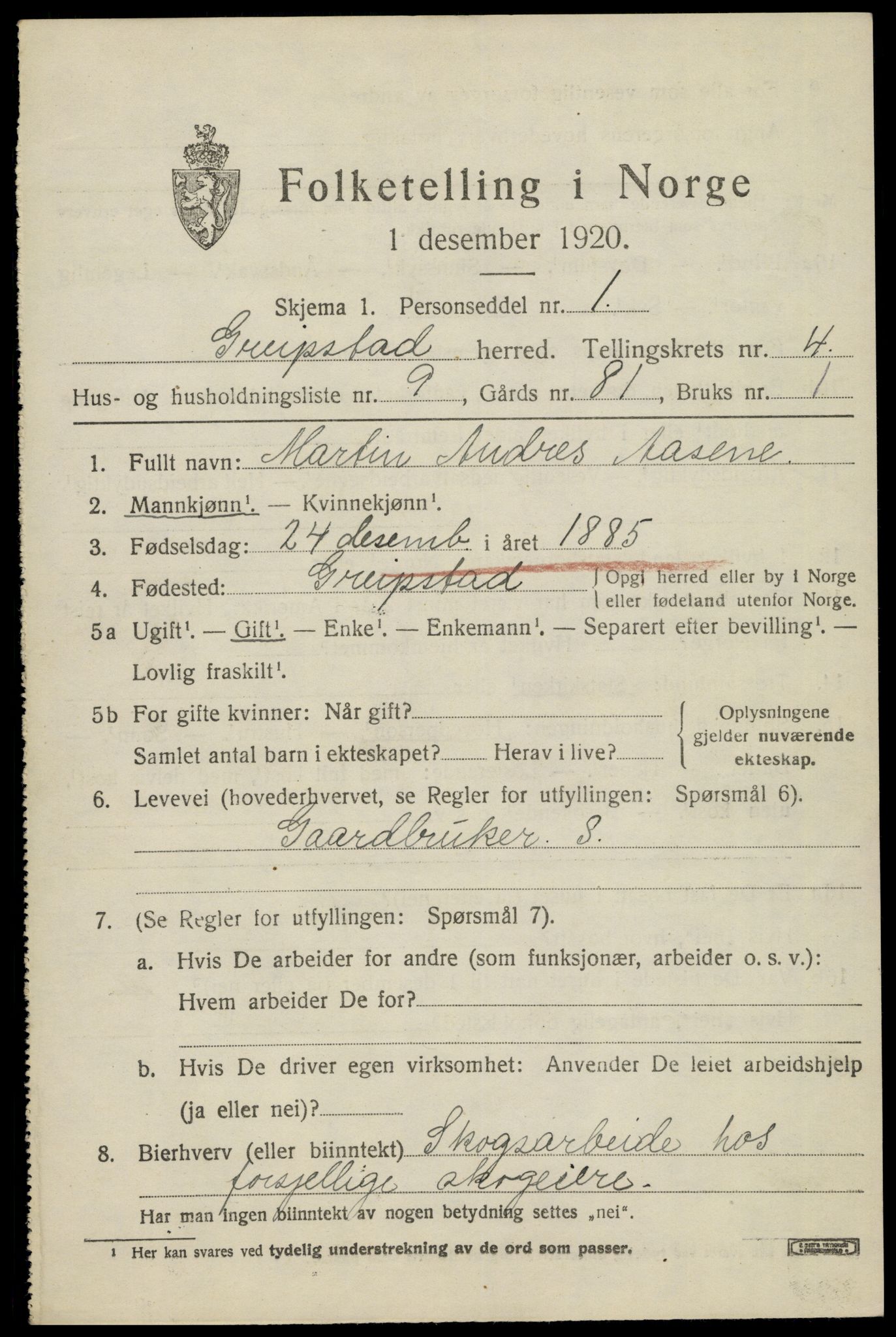 SAK, 1920 census for Greipstad, 1920, p. 1596