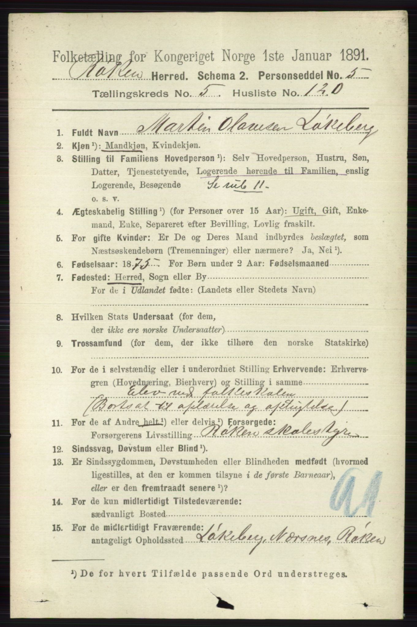 RA, 1891 census for 0627 Røyken, 1891, p. 3536