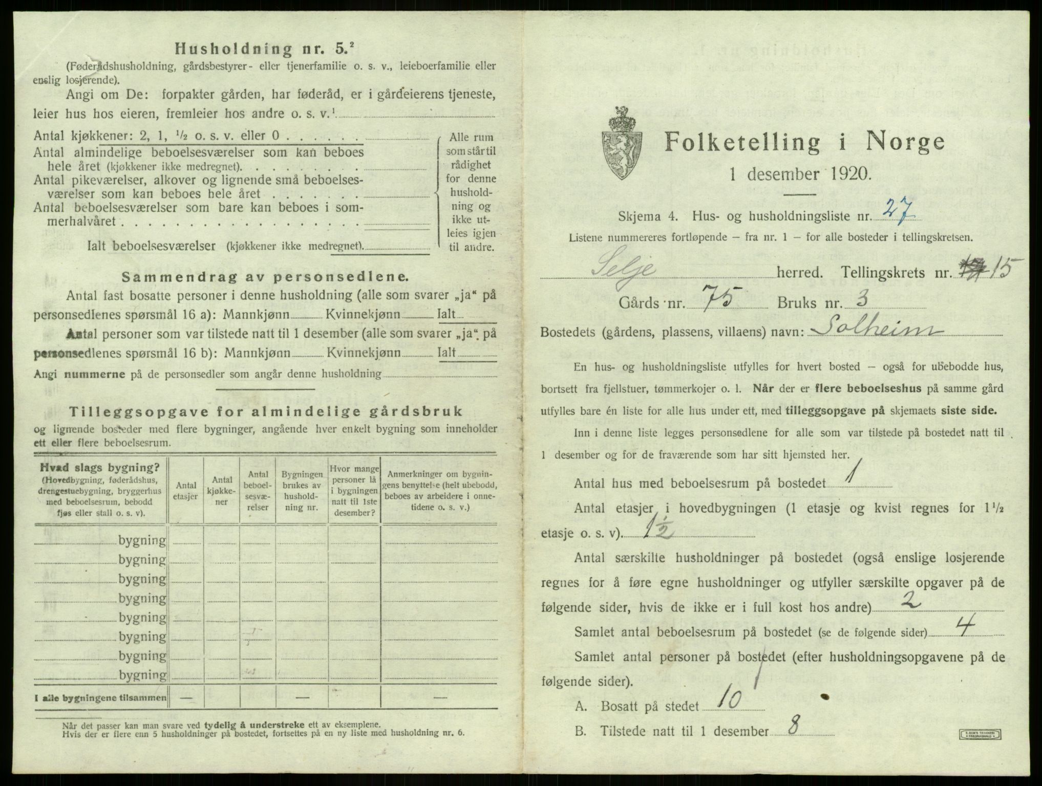 SAB, 1920 census for Selje, 1920, p. 977