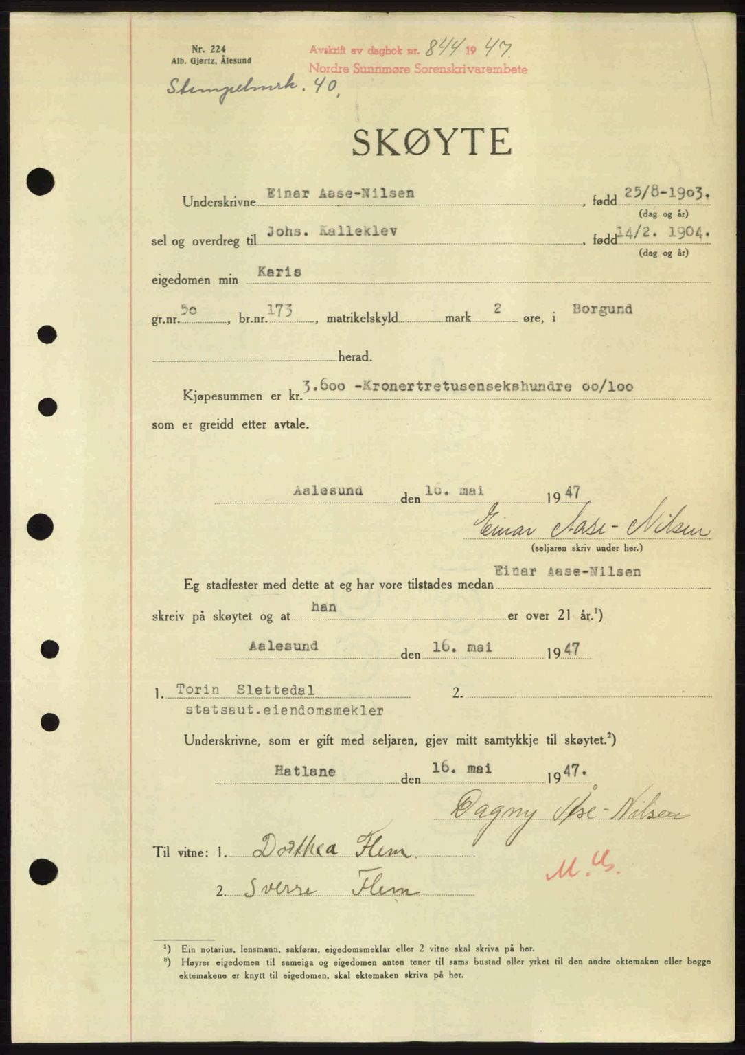 Nordre Sunnmøre sorenskriveri, AV/SAT-A-0006/1/2/2C/2Ca: Mortgage book no. A24, 1947-1947, Diary no: : 844/1947