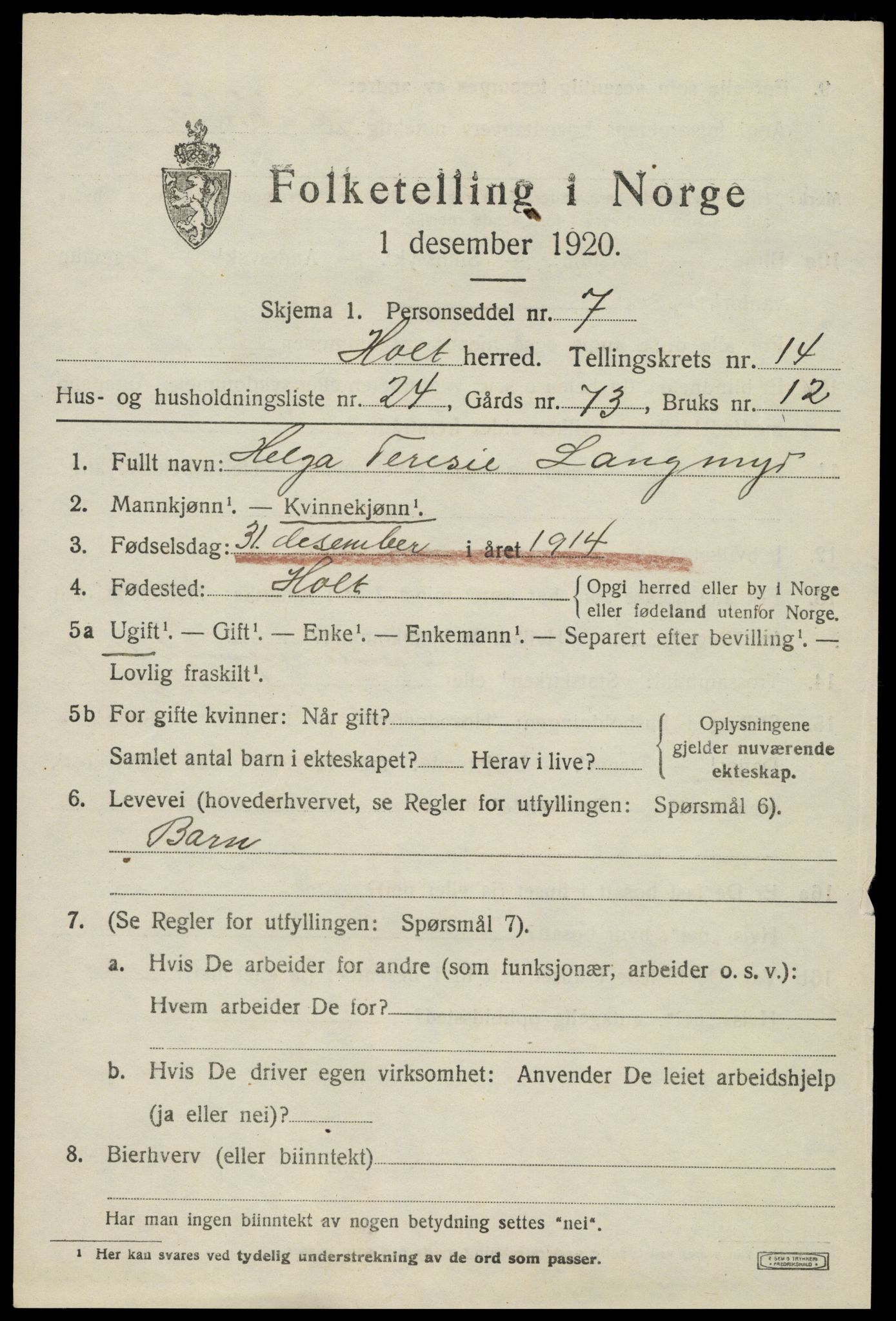 SAK, 1920 census for Holt, 1920, p. 8376