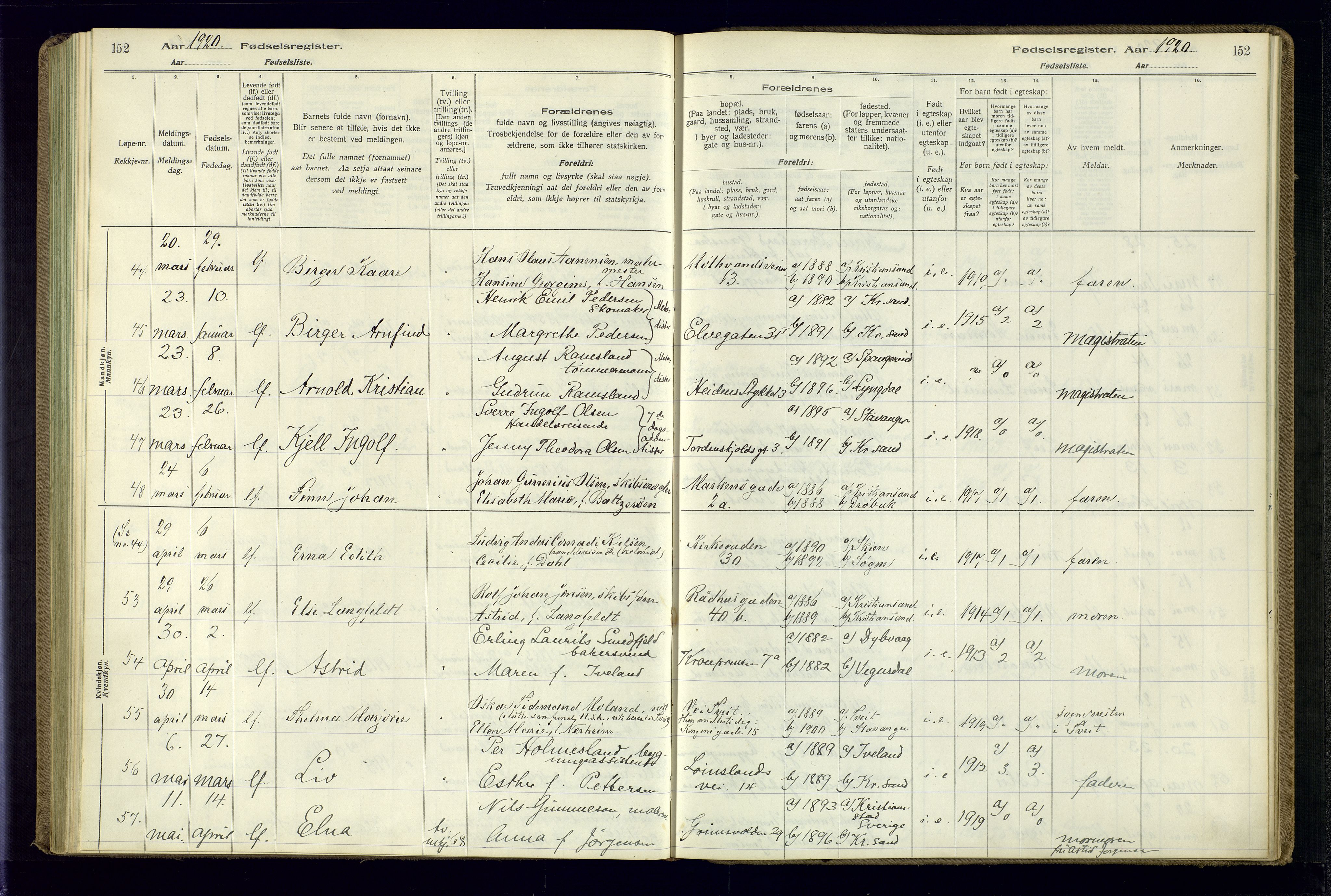 Kristiansand domprosti, AV/SAK-1112-0006/J/Jc/L0001: Birth register no. A-VI-45, 1916-1921, p. 152