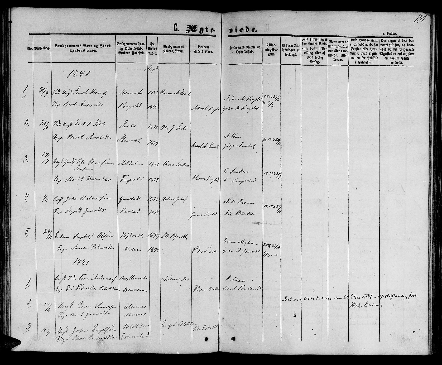 Ministerialprotokoller, klokkerbøker og fødselsregistre - Sør-Trøndelag, SAT/A-1456/694/L1131: Parish register (copy) no. 694C03, 1858-1886, p. 154