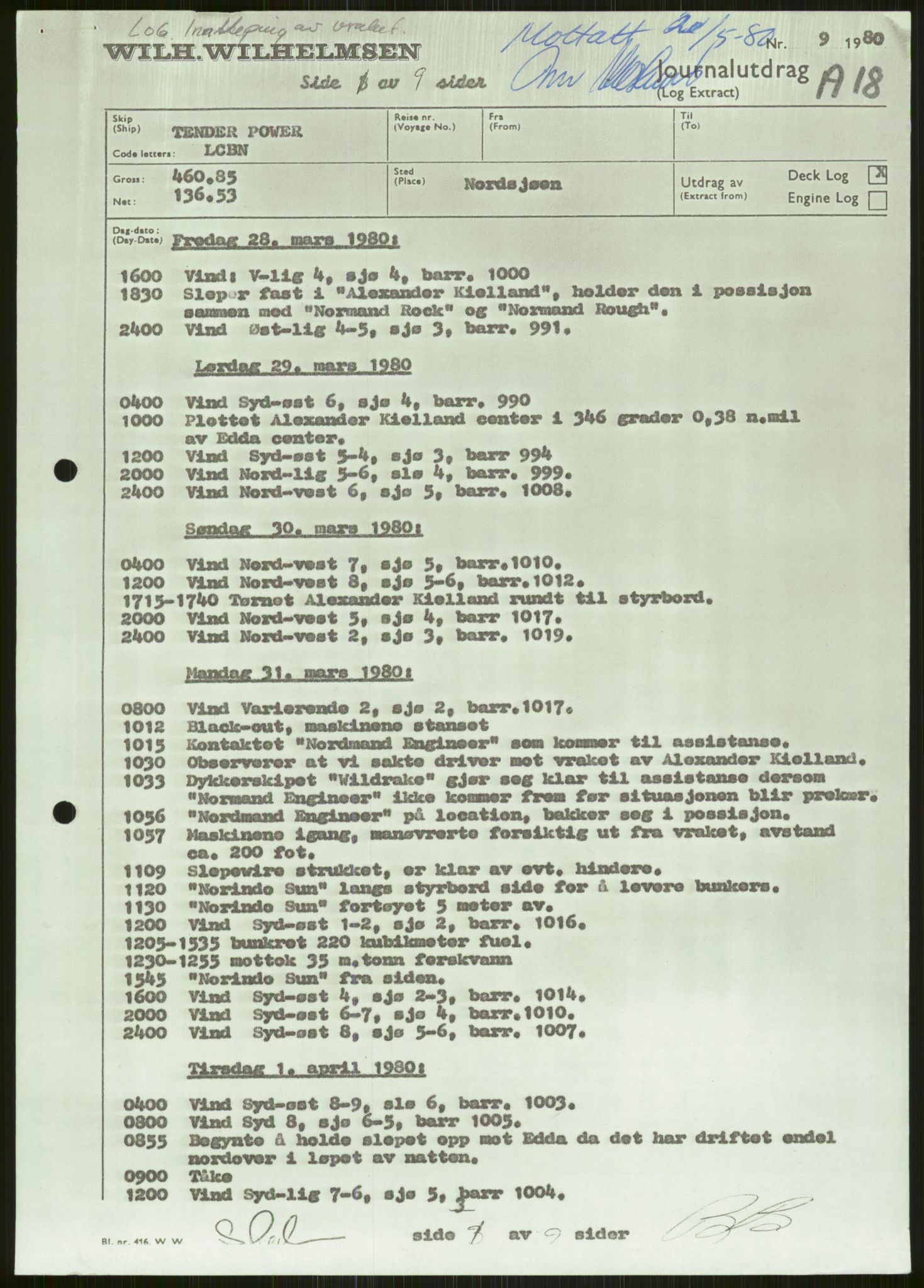 Justisdepartementet, Granskningskommisjonen ved Alexander Kielland-ulykken 27.3.1980, AV/RA-S-1165/D/L0006: A Alexander L. Kielland (Doku.liste + A3-A6, A11-A13, A18-A20-A21, A23, A31 av 31)/Dykkerjournaler, 1980-1981, p. 72