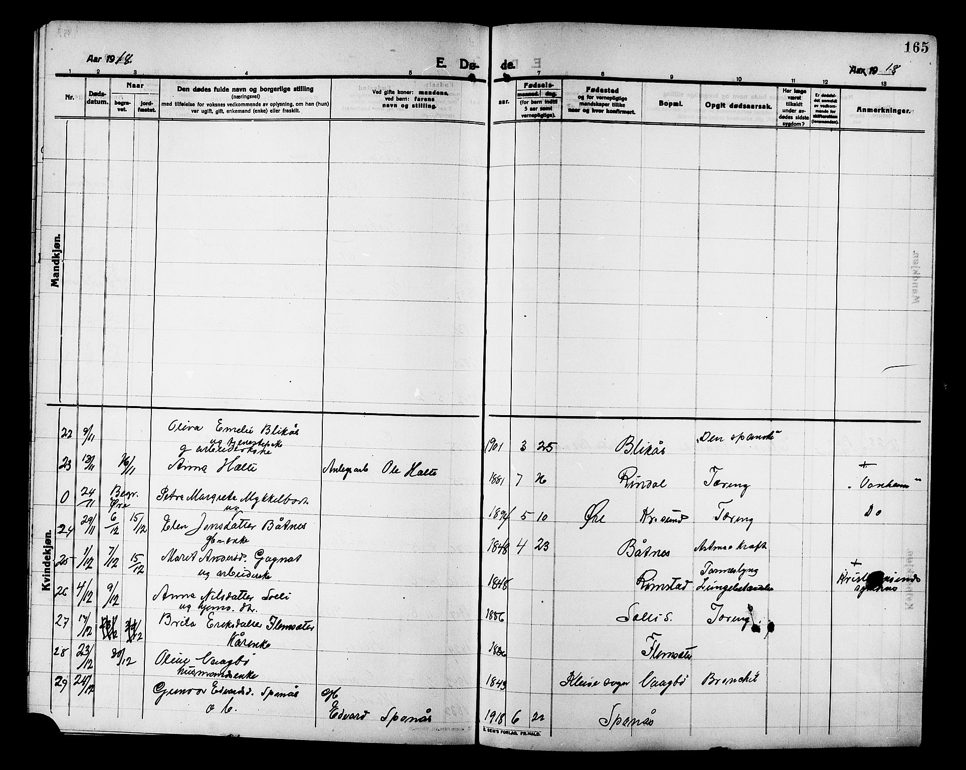 Ministerialprotokoller, klokkerbøker og fødselsregistre - Møre og Romsdal, AV/SAT-A-1454/586/L0993: Parish register (copy) no. 586C04, 1910-1918, p. 165