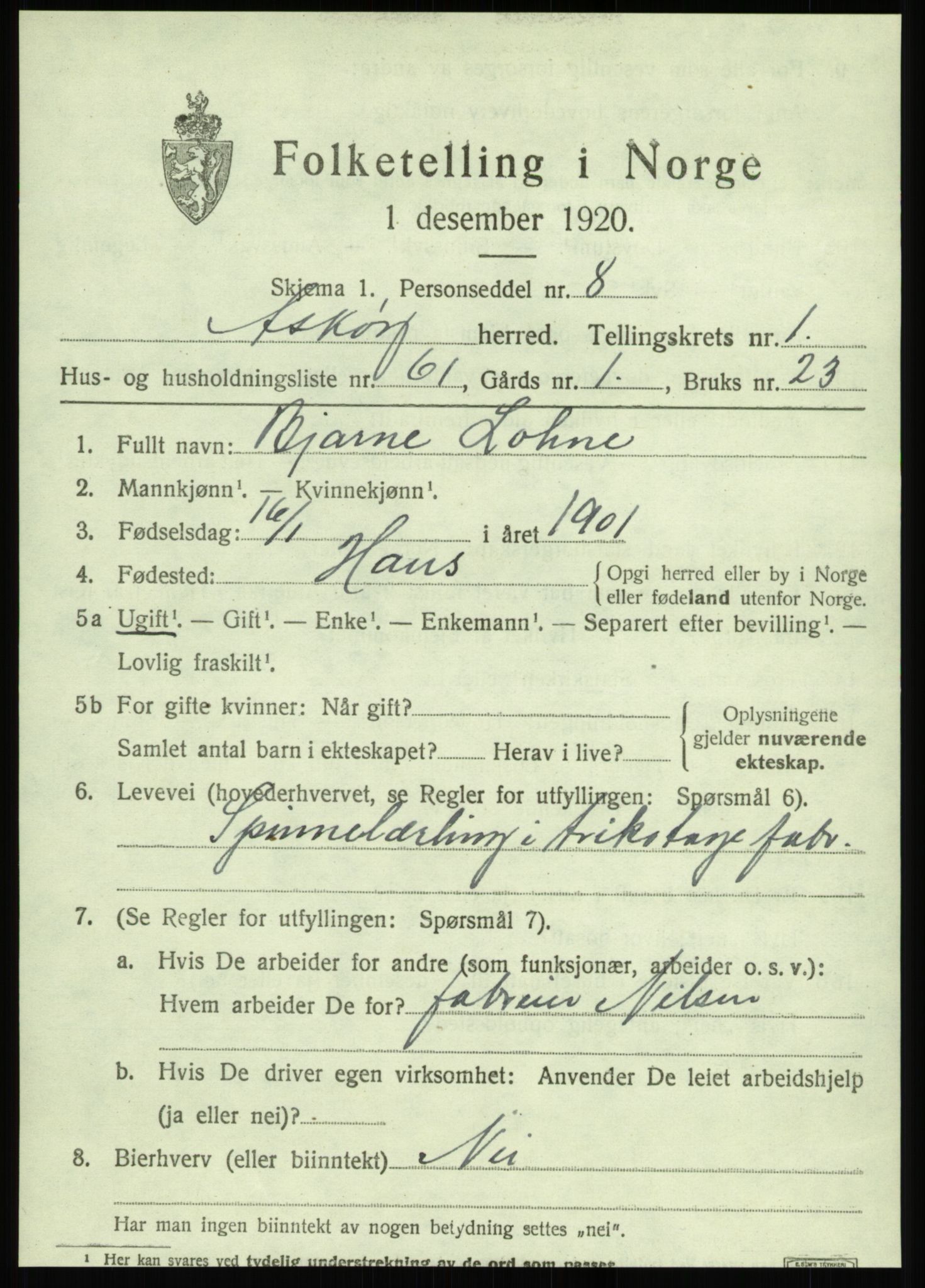 SAB, 1920 census for Askøy, 1920, p. 4114