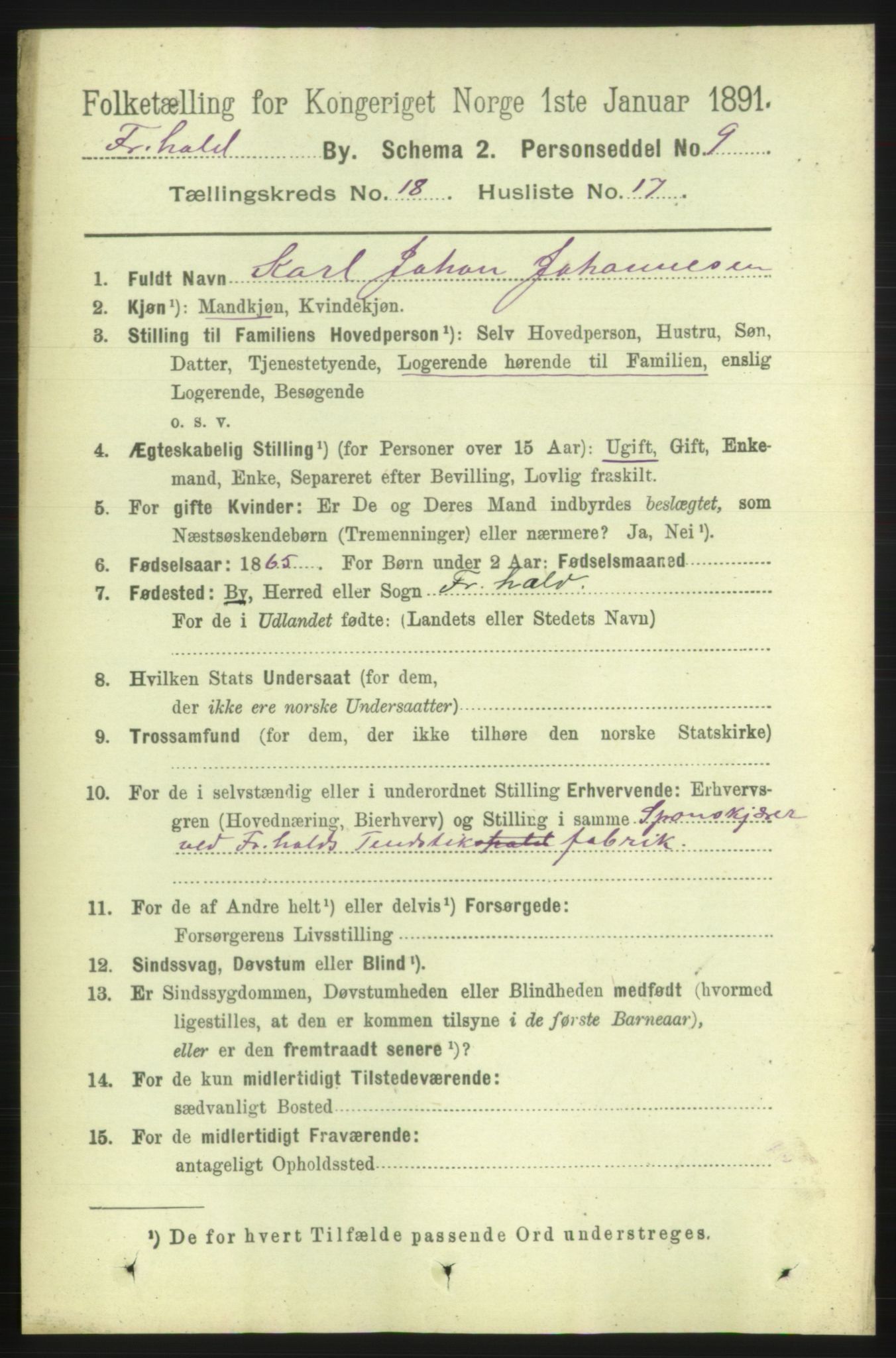 RA, 1891 census for 0101 Fredrikshald, 1891, p. 11572