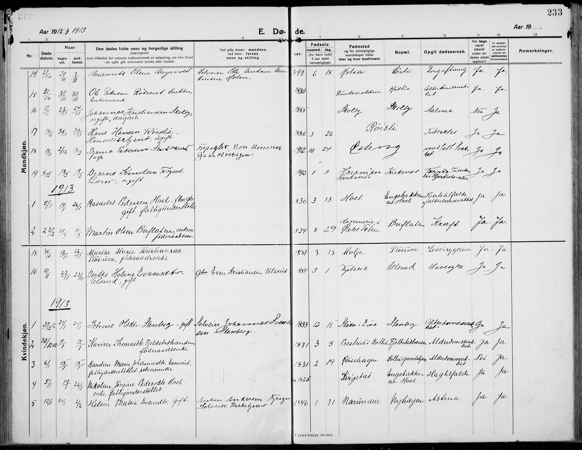 Kolbu prestekontor, SAH/PREST-110/H/Ha/Haa/L0002: Parish register (official) no. 2, 1912-1926, p. 233