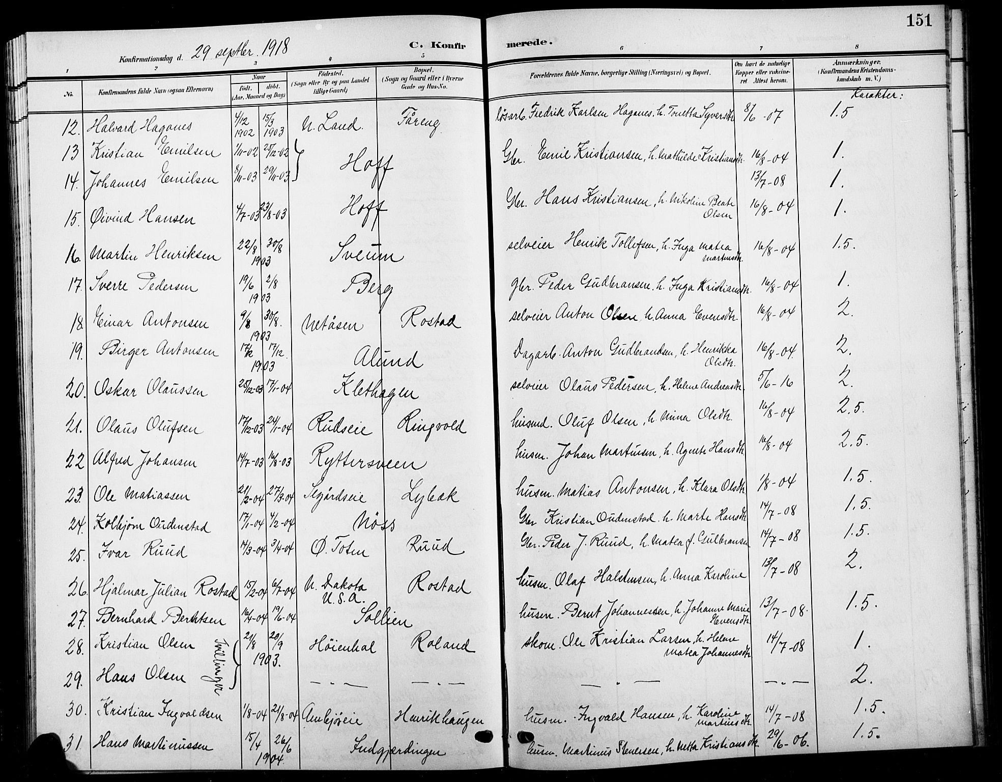 Biri prestekontor, SAH/PREST-096/H/Ha/Hab/L0005: Parish register (copy) no. 5, 1906-1919, p. 151