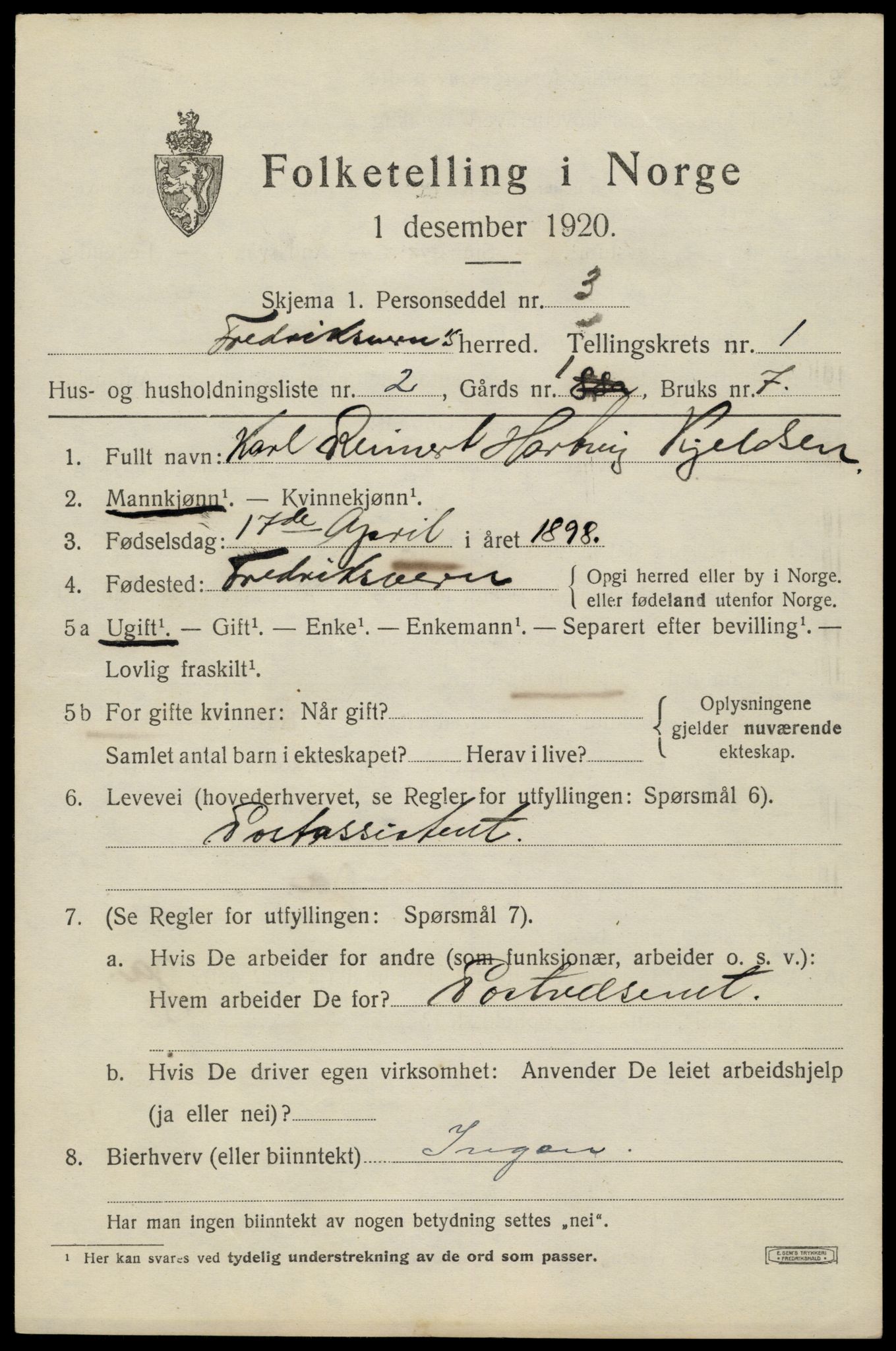 SAKO, 1920 census for Fredriksvern, 1920, p. 397