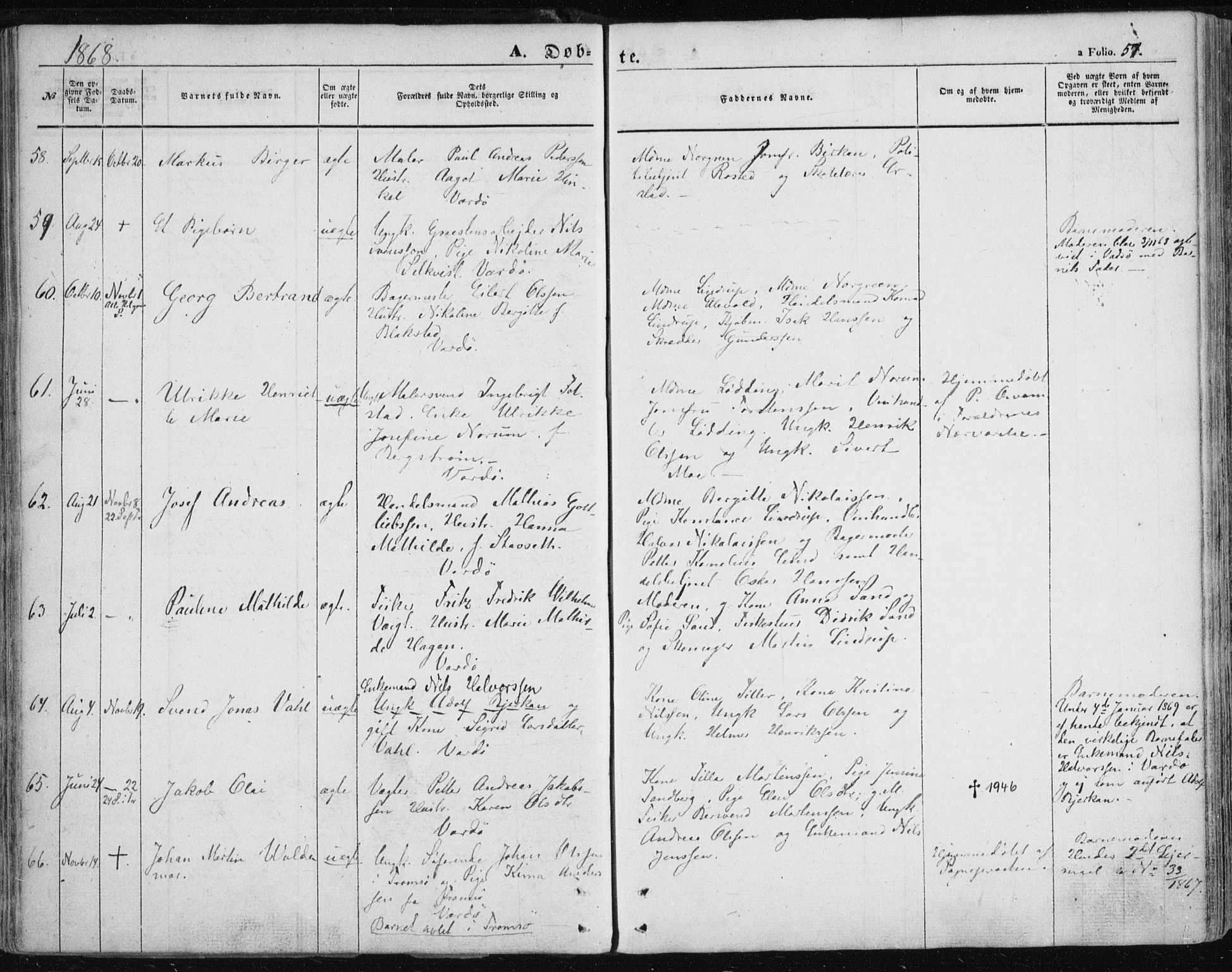 Vardø sokneprestkontor, SATØ/S-1332/H/Ha/L0004kirke: Parish register (official) no. 4, 1862-1871, p. 57