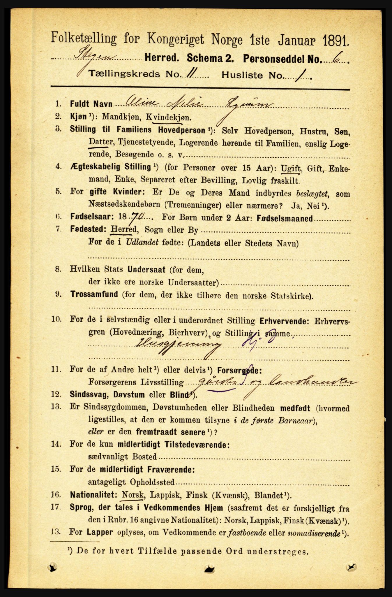 RA, 1891 census for 1848 Steigen, 1891, p. 3788