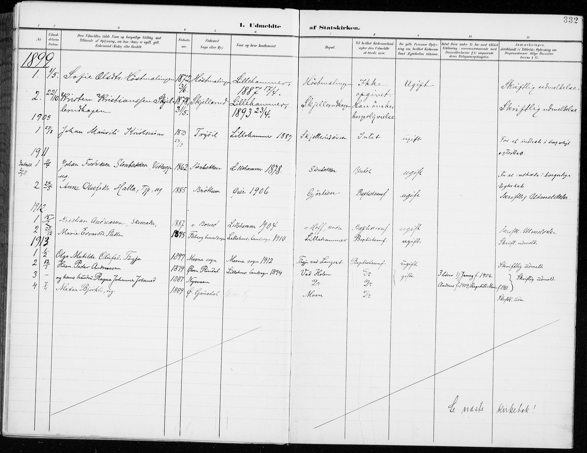 Fåberg prestekontor, SAH/PREST-086/H/Ha/Haa/L0011: Parish register (official) no. 11, 1899-1913, p. 332