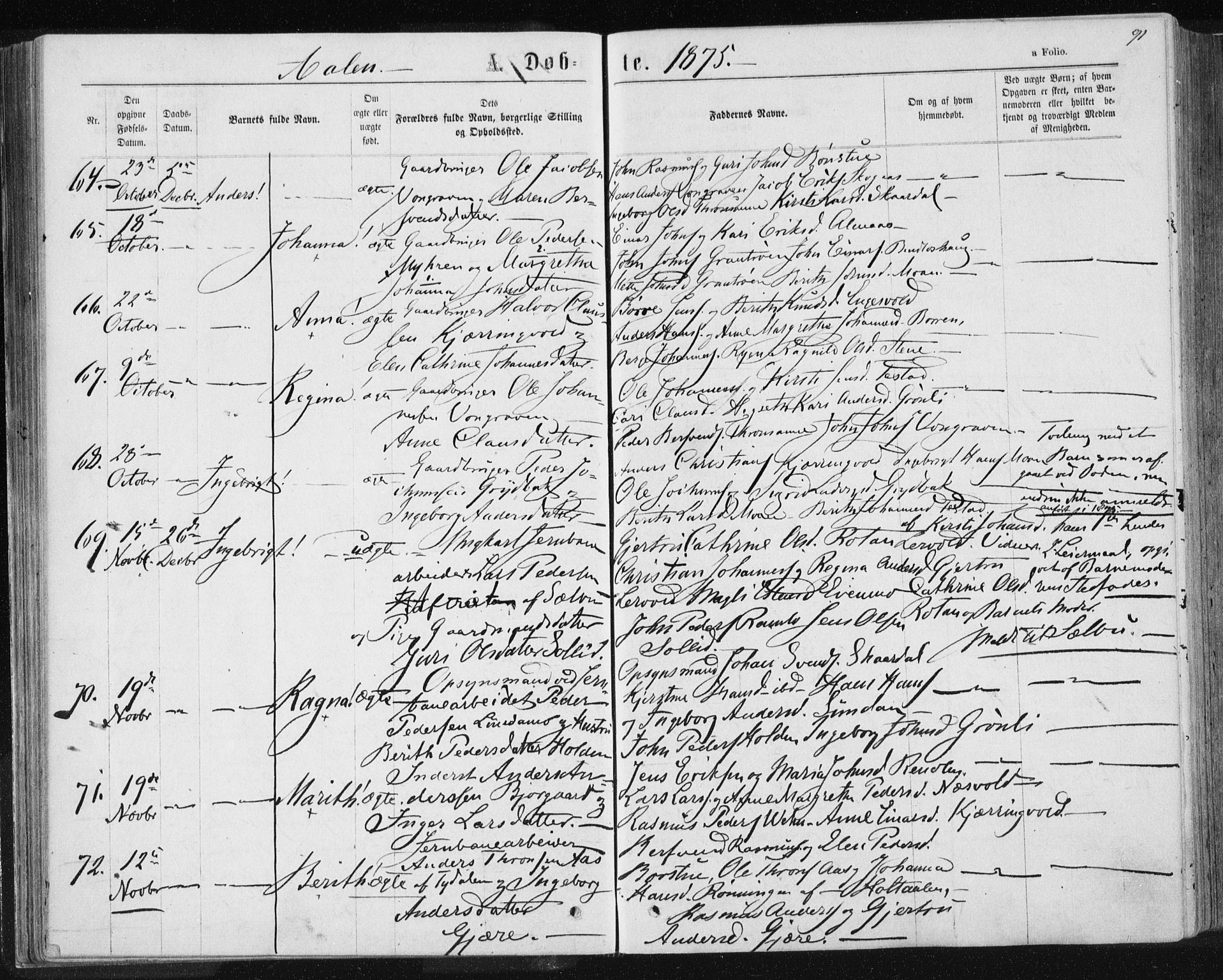 Ministerialprotokoller, klokkerbøker og fødselsregistre - Sør-Trøndelag, SAT/A-1456/685/L0971: Parish register (official) no. 685A08 /3, 1870-1879, p. 91