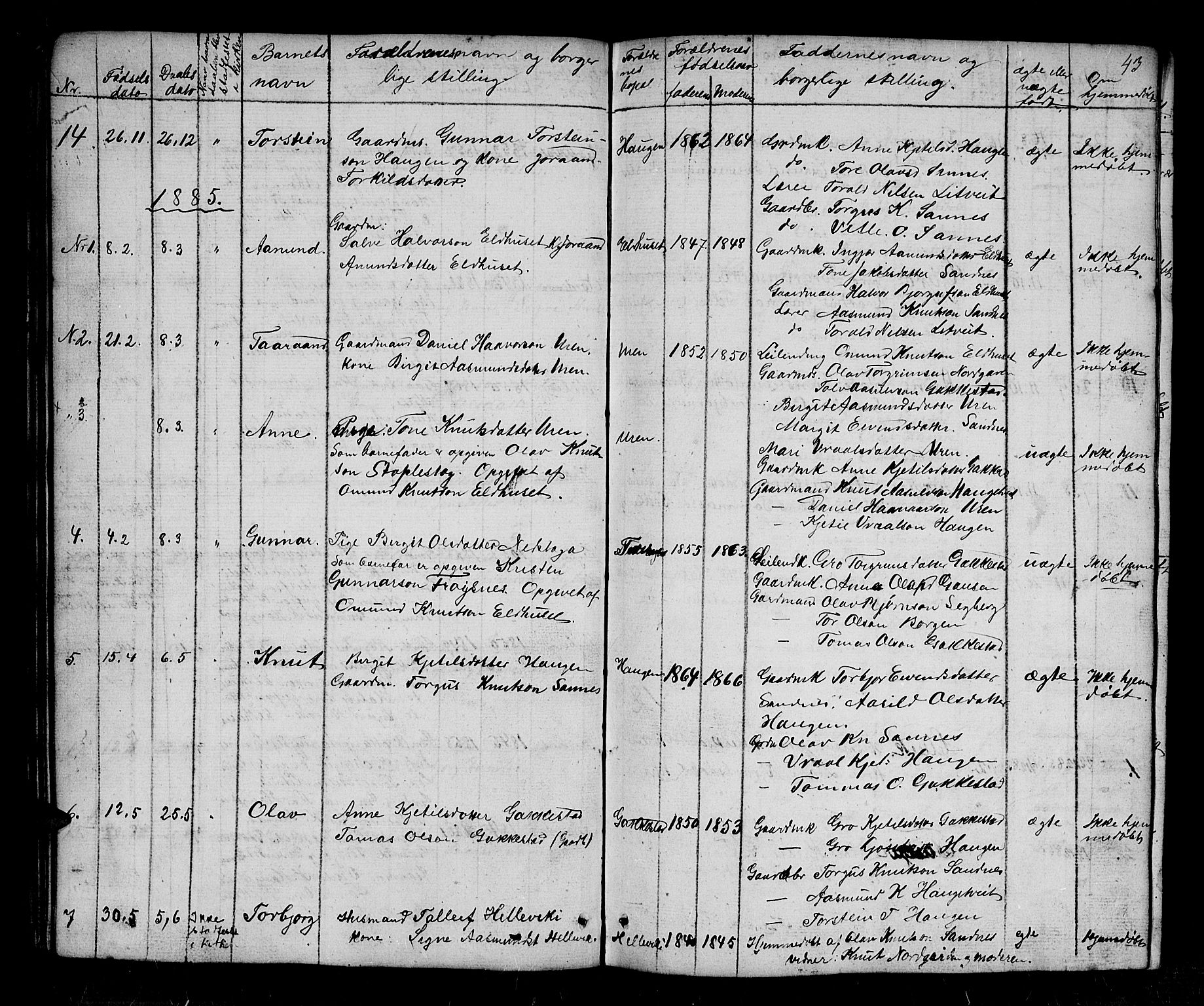 Bygland sokneprestkontor, AV/SAK-1111-0006/F/Fb/Fbc/L0001: Parish register (copy) no. B 1, 1848-1894, p. 43