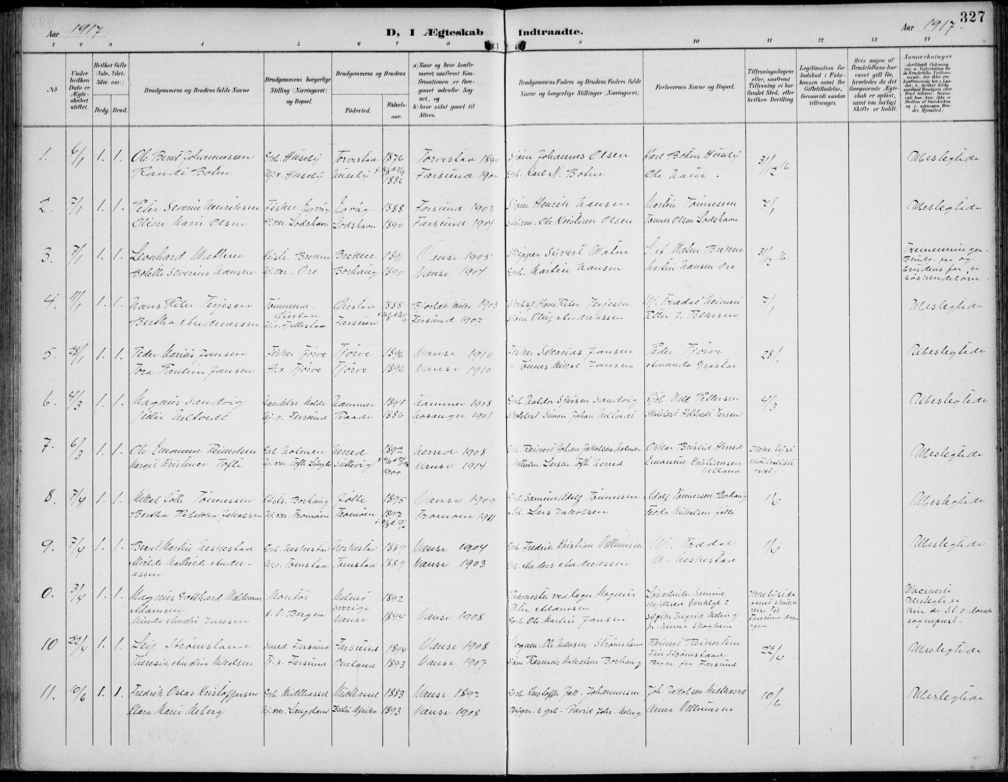 Lista sokneprestkontor, AV/SAK-1111-0027/F/Fb/L0005: Parish register (copy) no. B 5, 1892-1923, p. 327