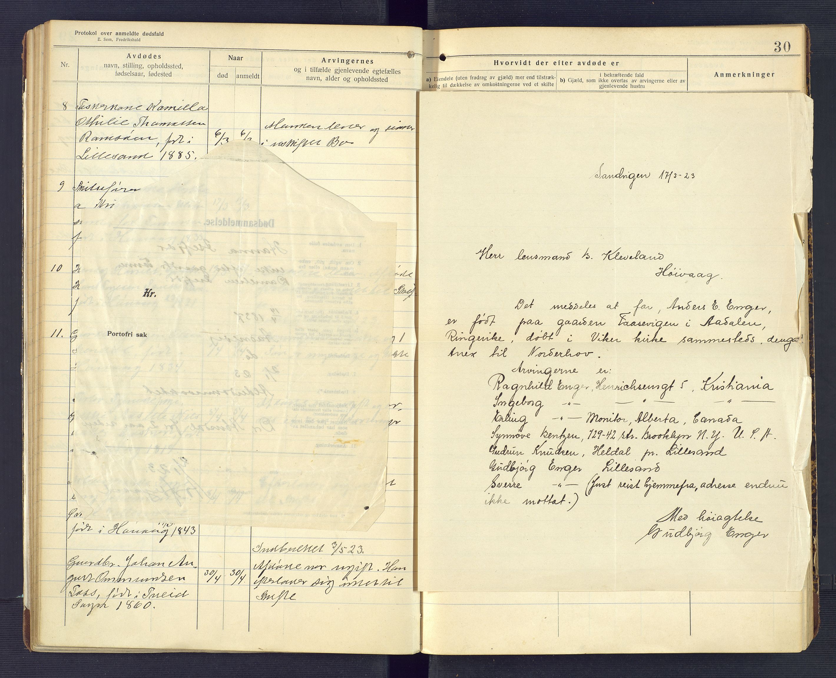 Høvåg lensmannskontor, SAK/1241-0024/F/Fe/L0041: Protokoll over anmeldte dødsfall, 1916-1933, p. 30