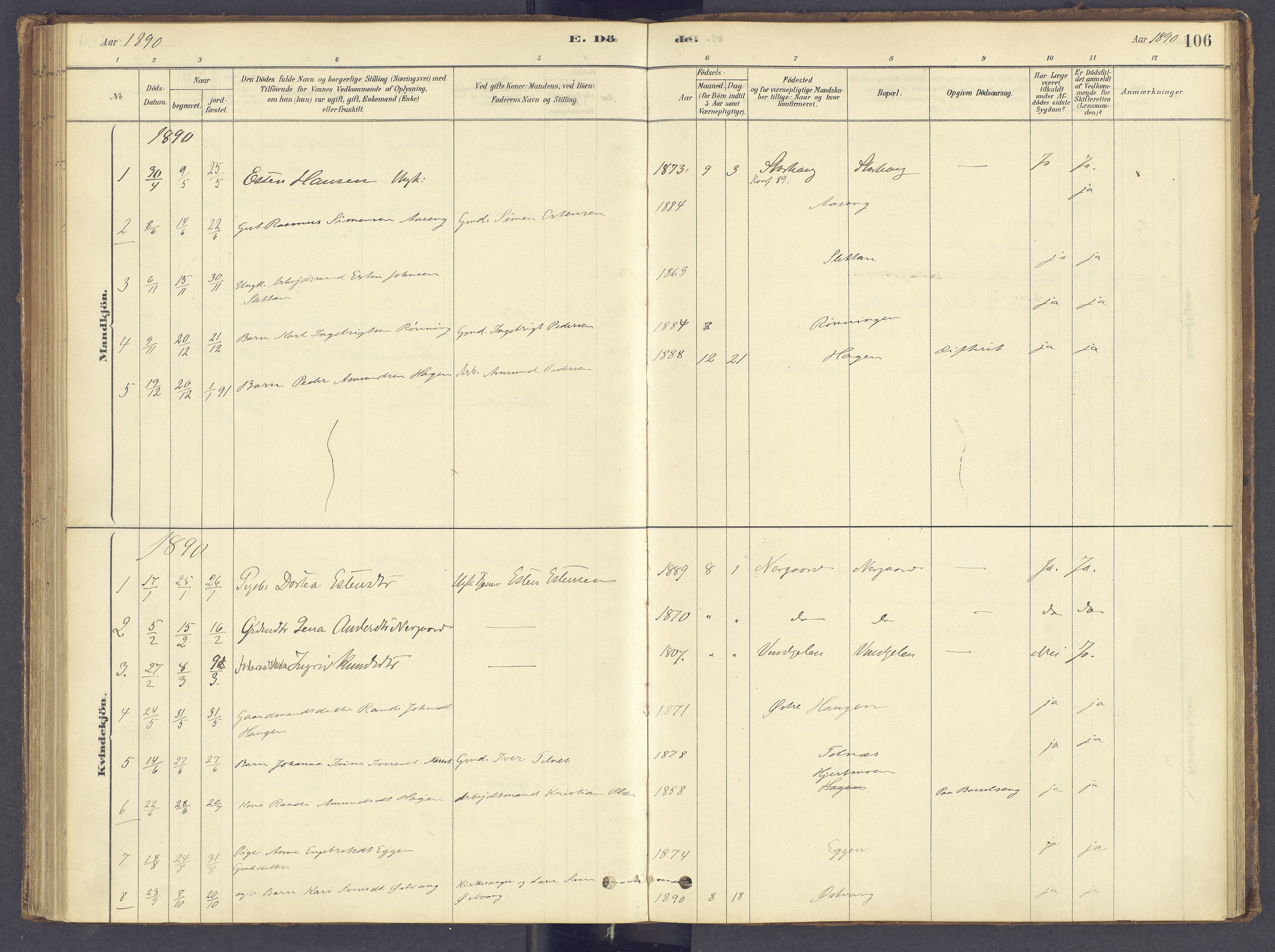 Tolga prestekontor, AV/SAH-PREST-062/K/L0012: Parish register (official) no. 12, 1877-1925, p. 106